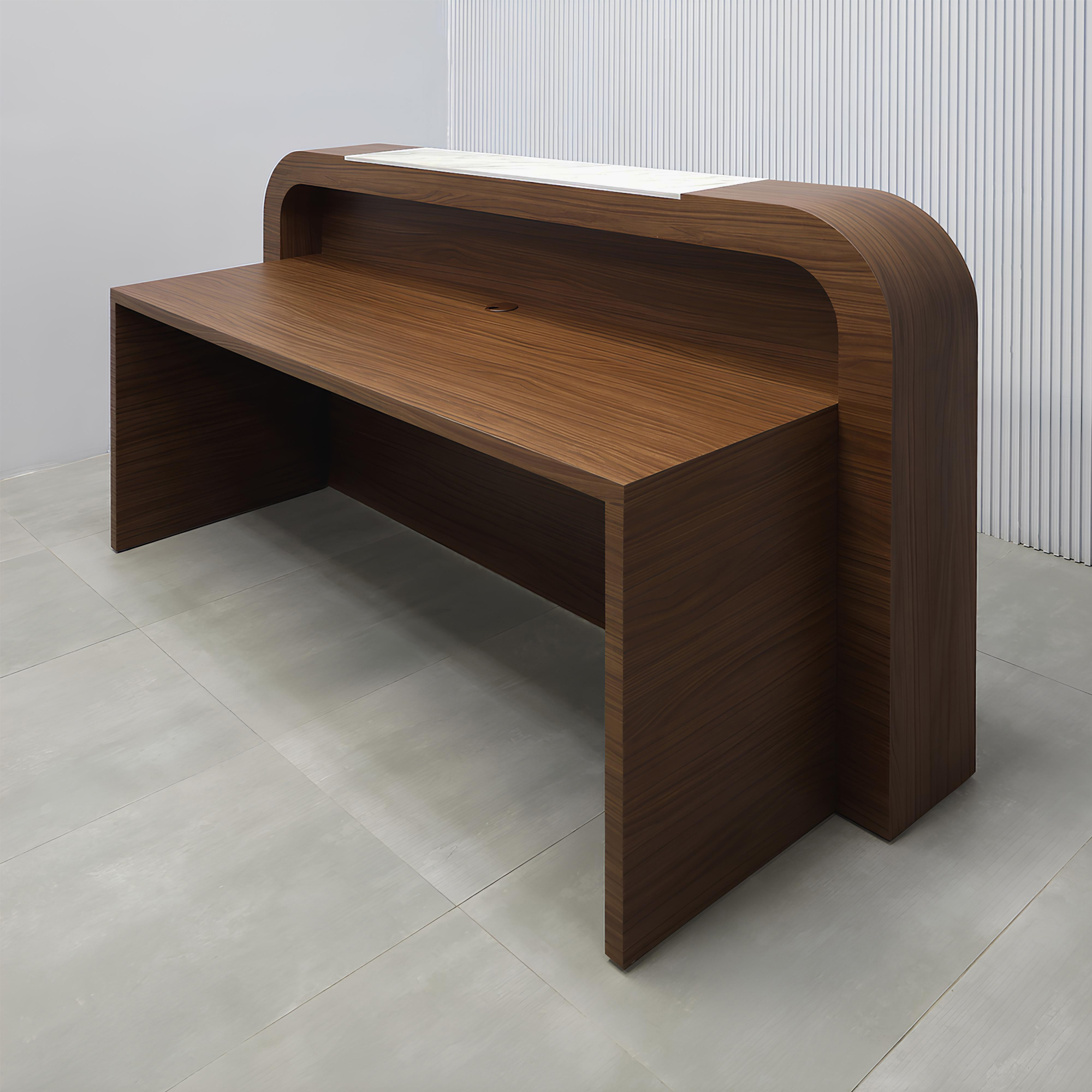 84-inch Edinburgh Custom Reception Desk with Calcutta Blanc engineered surface top/slats, Walnut Heights matte laminate frame/workspace, and Gold Aluminum background.