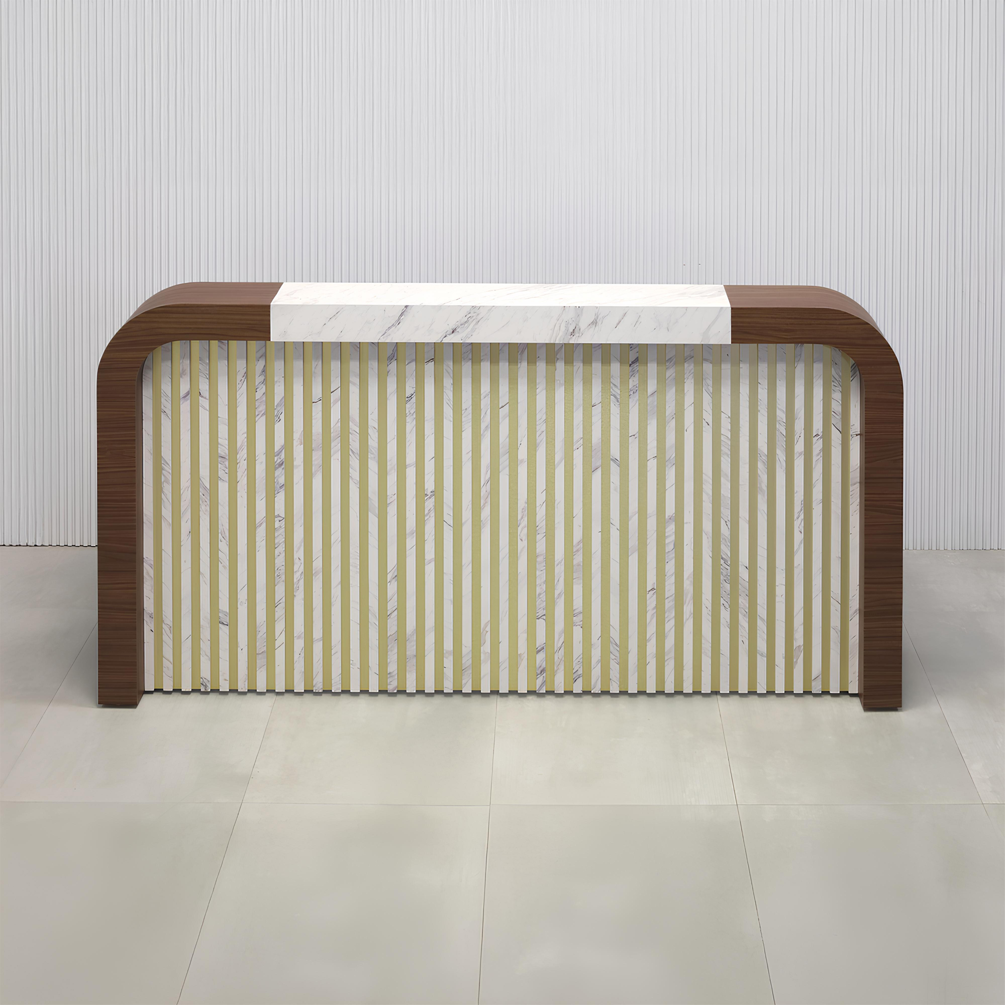 84-inch Edinburgh Custom Reception Desk with Calcutta Blanc engineered surface top/slats, Walnut Heights matte laminate frame/workspace, and Gold Aluminum background.