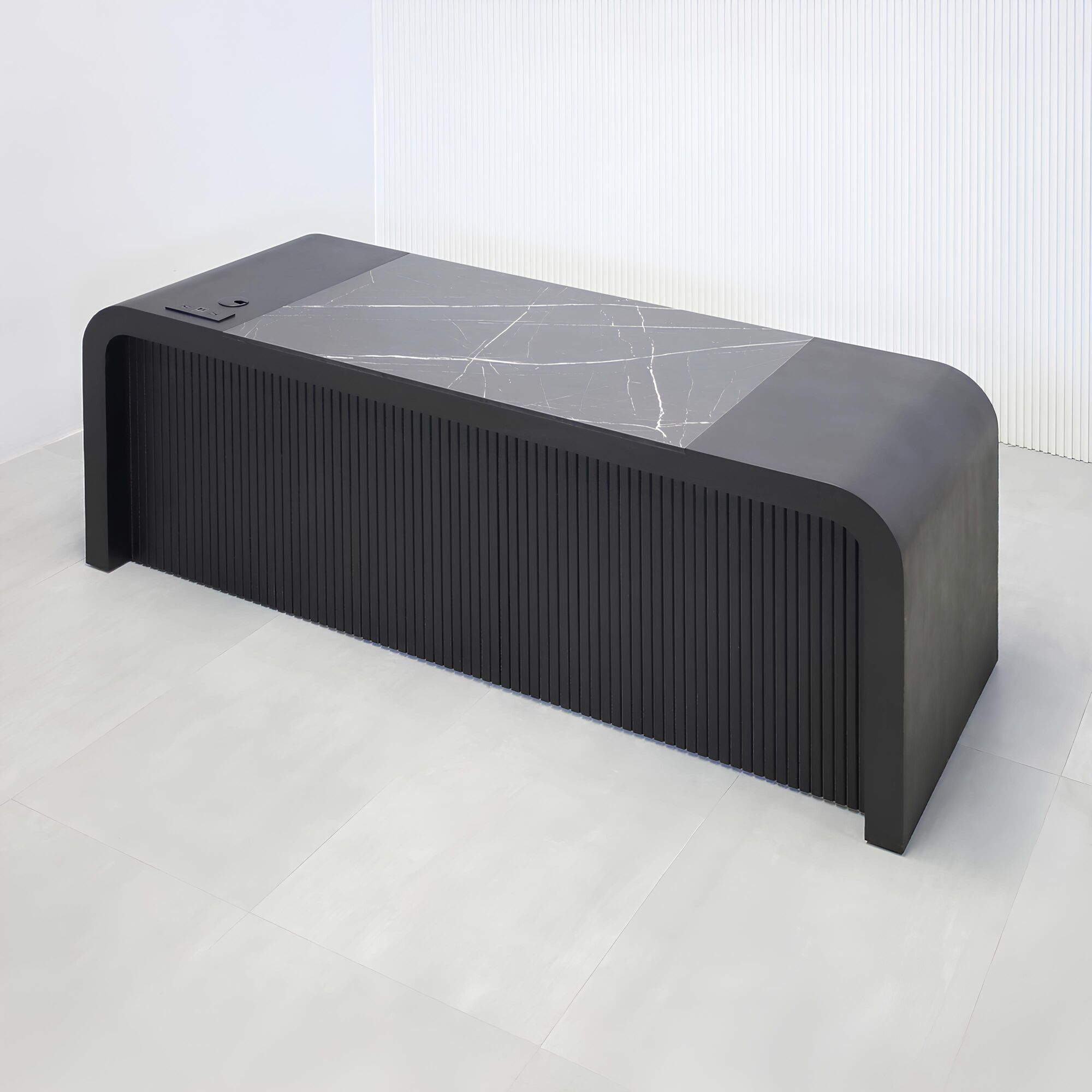 84-inch Milano Curved Executive Desk with Pietra Noir engineered surface top, Ebony wood veneer desk & panel, and Ebony tambour veneer privacy panel.