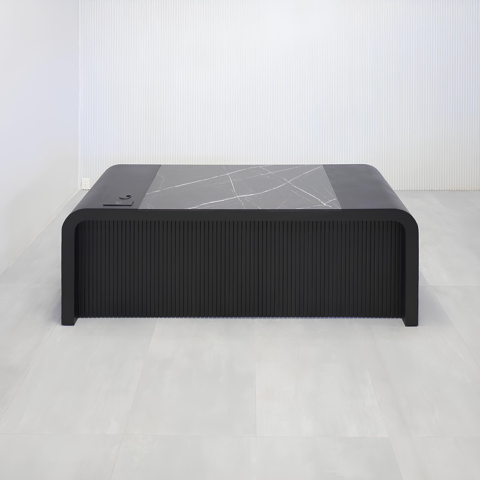 84-inch Milano Curved Executive Desk with Pietra Noir engineered surface top, Ebony wood veneer desk & panel, and Ebony tambour veneer privacy panel.