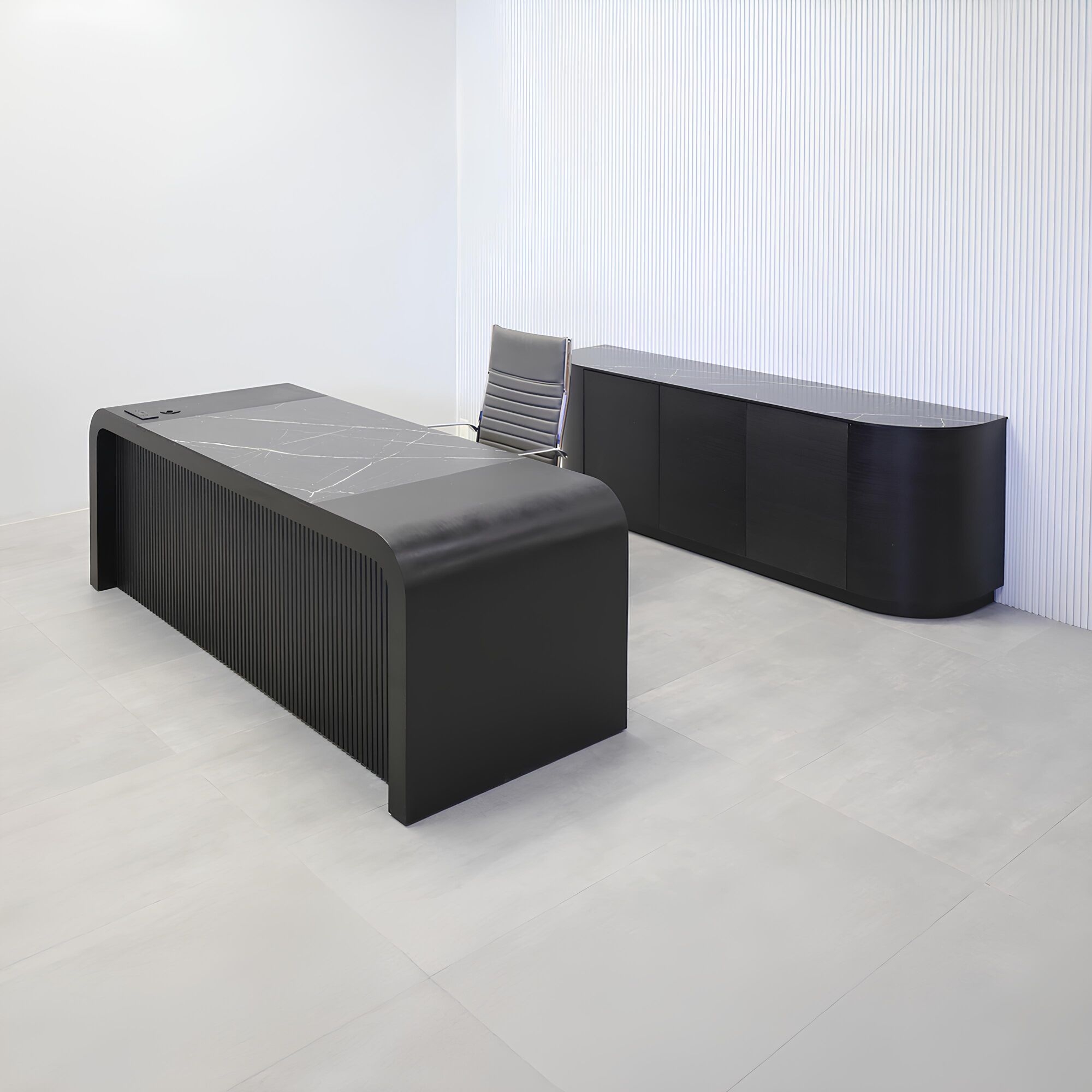 84-inch Milano Curved Executive Desk with Pietra Noir engineered surface top, Ebony wood veneer desk & panel, and Ebony tambour veneer privacy panel.