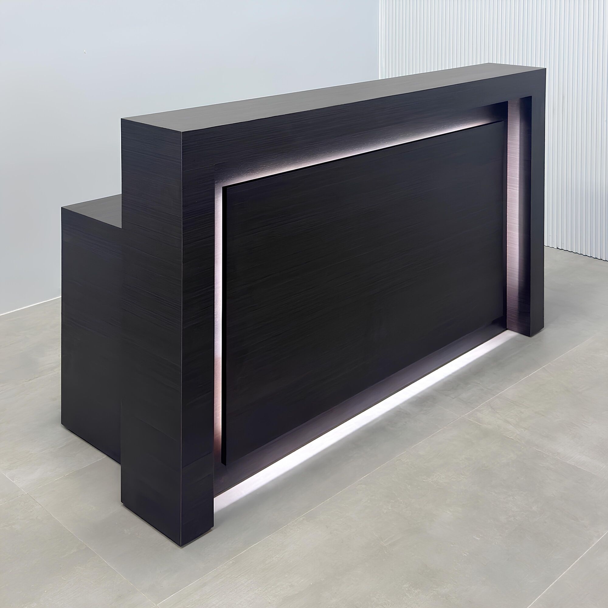 72-inch New York Straight Reception Desk with dark wood laminate main desk, front panel, and accent recessed.