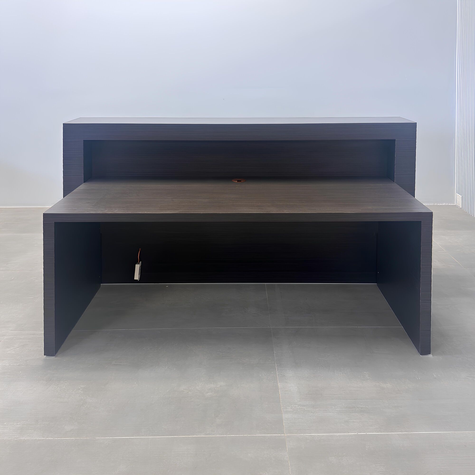 72-inch New York Straight Reception Desk with dark wood laminate main desk, front panel, and accent recessed.
