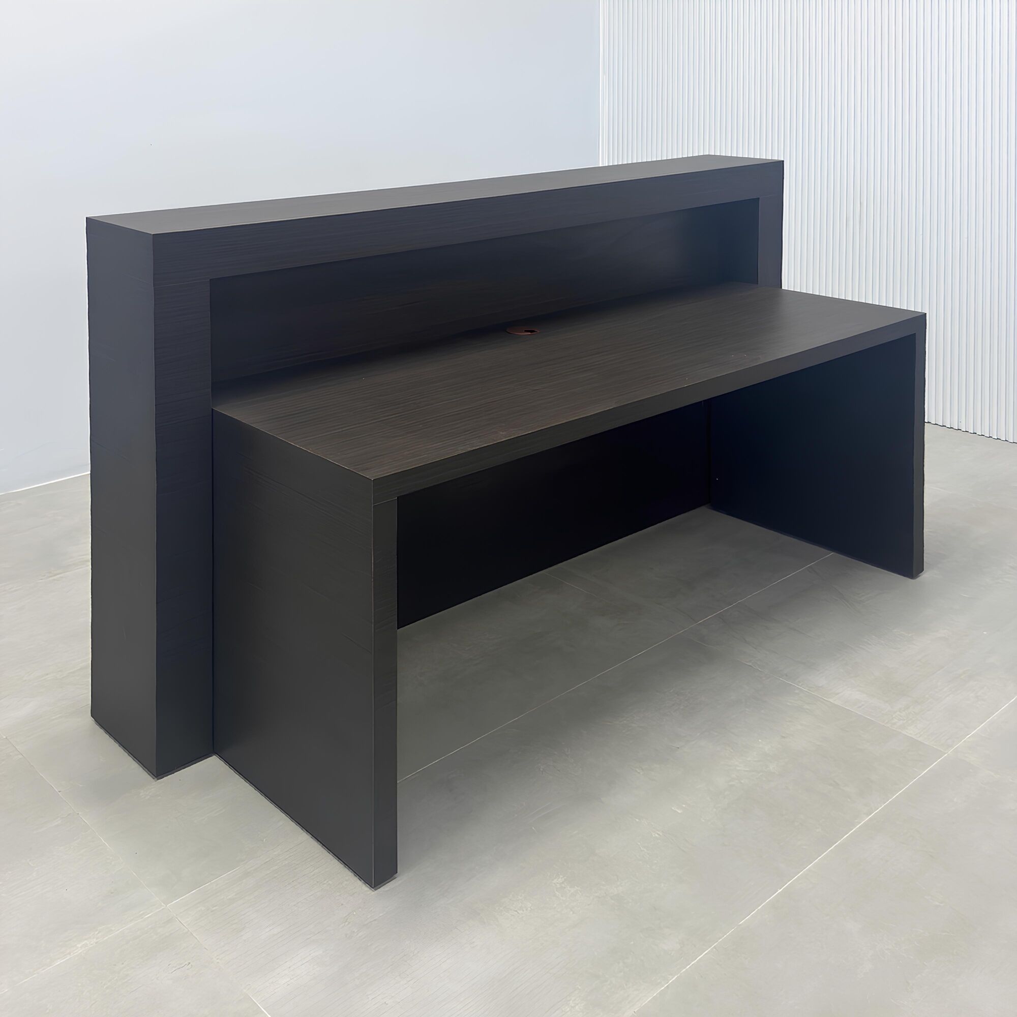 72-inch New York Straight Reception Desk with dark wood laminate main desk, front panel, and accent recessed.