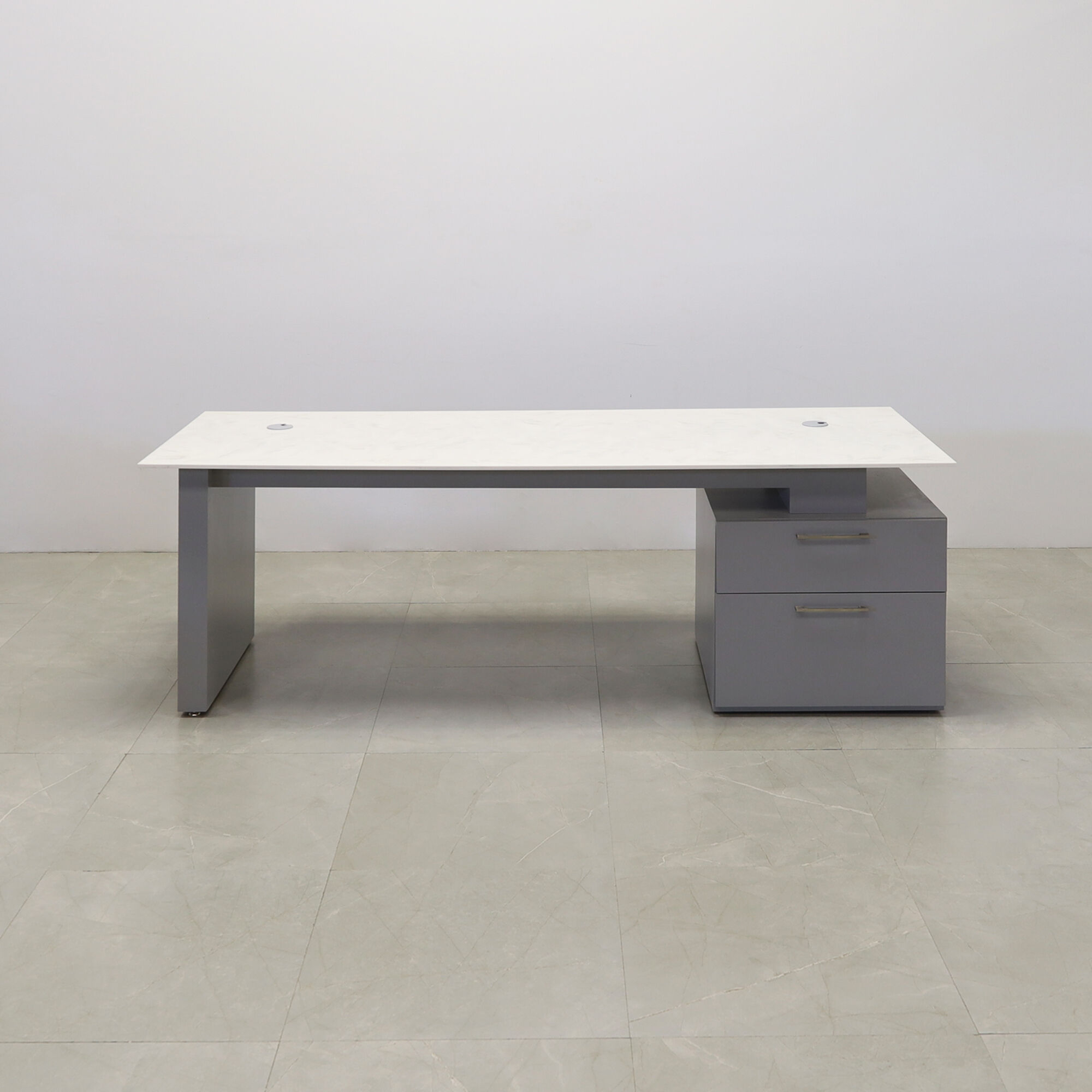 84-inch Avenue Straight Executive Desk in 1/2-inch special engineered surface top, and fog gray matte laminate storage on the right side when sitting and base.