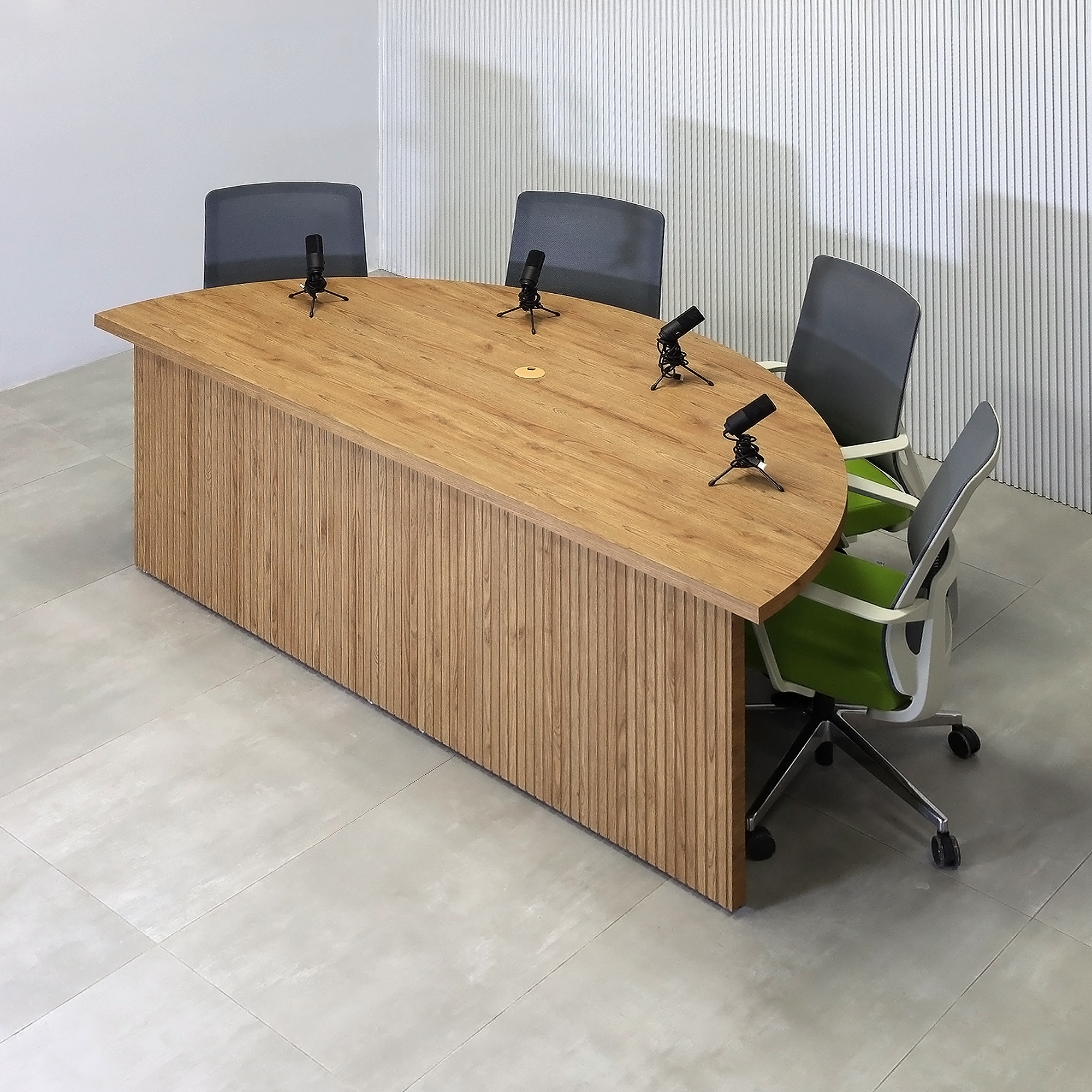 84-inch Detroit Custom Podcast Table in Spiced Chestnut Matte Laminate and Spiced Chestnut Tambour Finish.