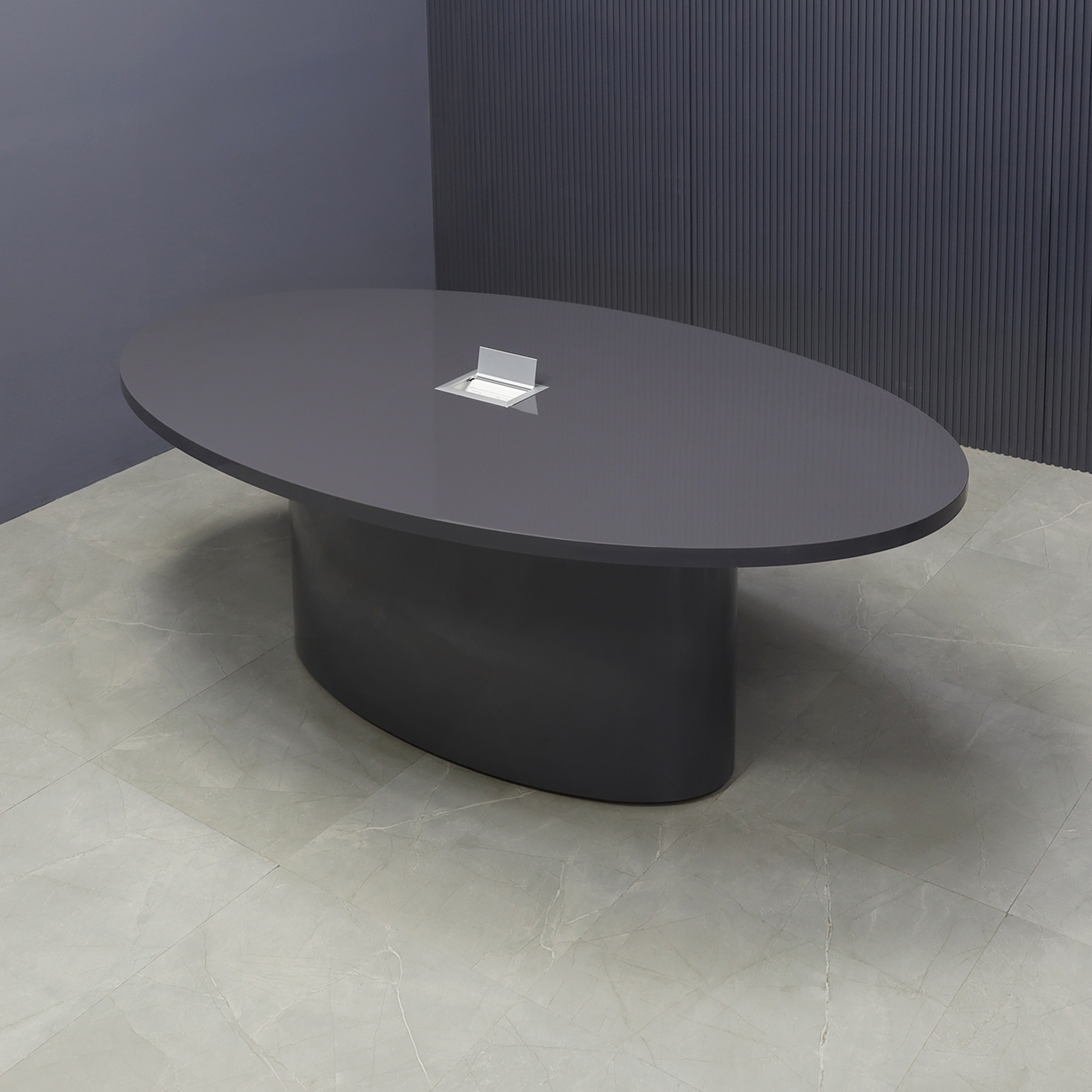 84-inch Newton Oval Conference Table With Laminate Top in storm gray gloss laminate top and base, with silver MX3 powerbox, shown here.