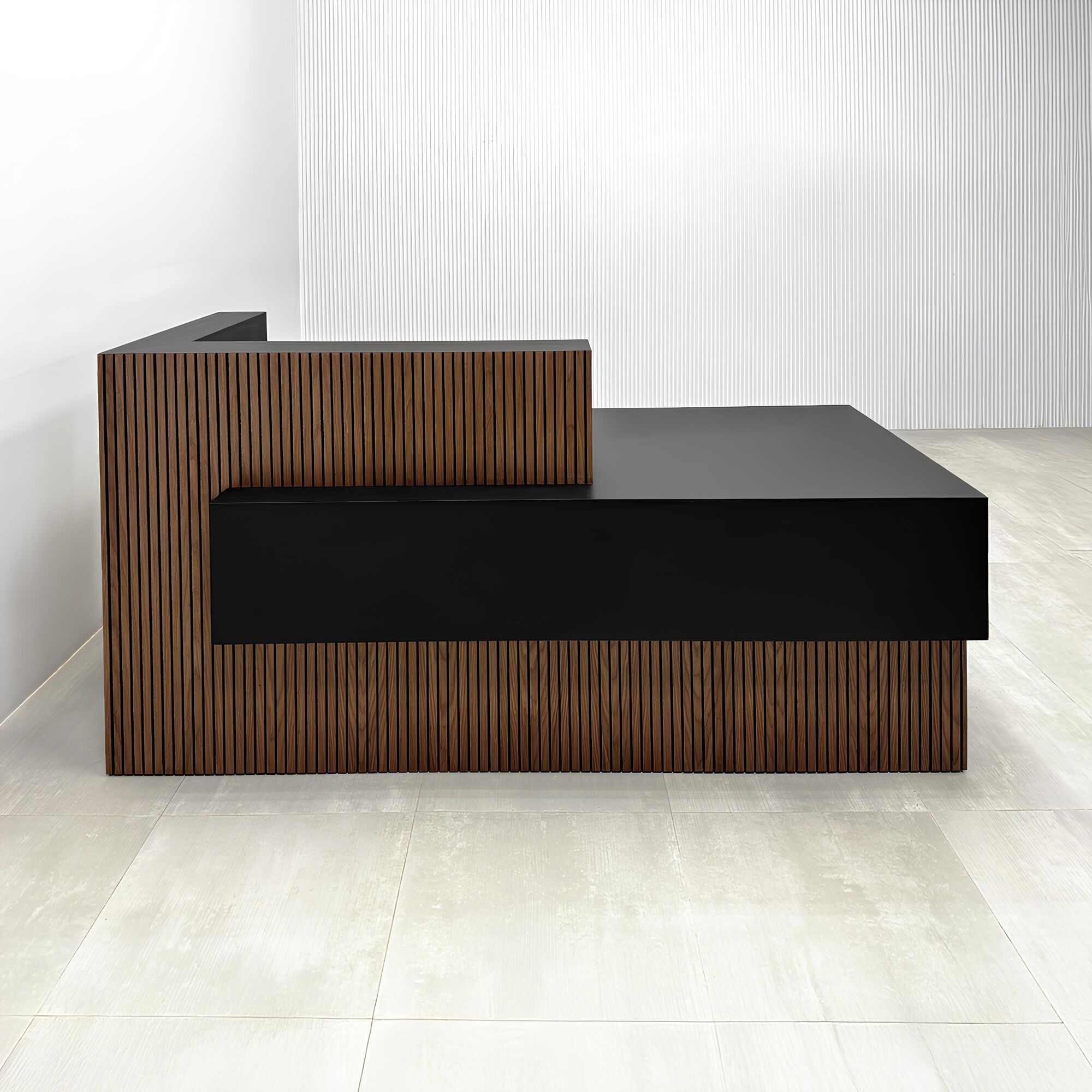 84-inch Atlanta Custom Reception Desk with walnut tambour with black background desk, black traceless laminate workspace, and black traceless laminate storage.