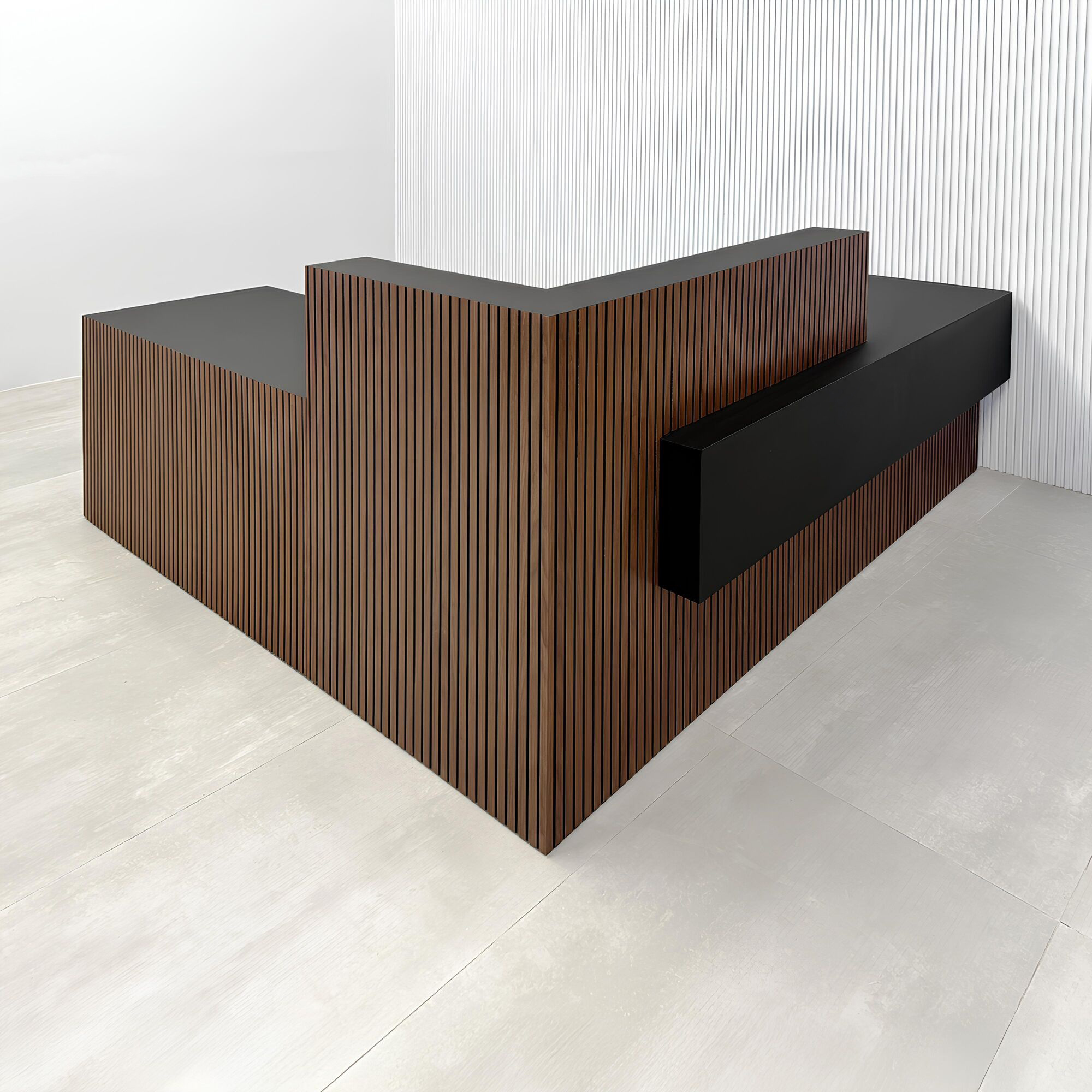84-inch Atlanta Custom Reception Desk with walnut tambour with black background desk, black traceless laminate workspace, and black traceless laminate storage.