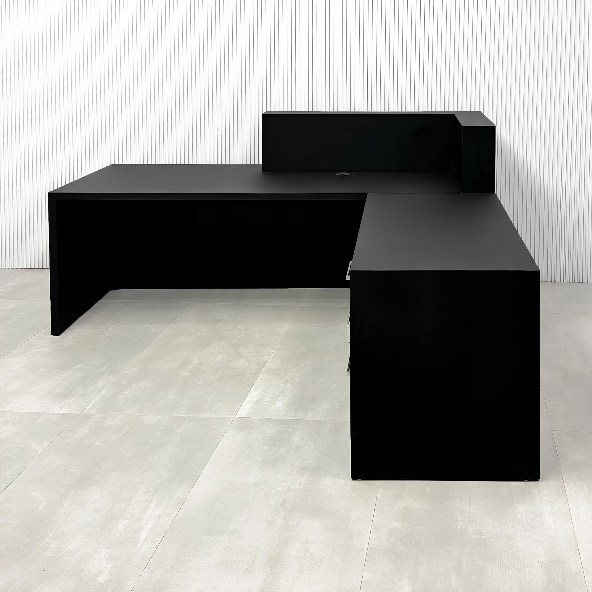 84-inch Atlanta Custom Reception Desk with walnut tambour with black background desk, black traceless laminate workspace, and black traceless laminate storage.