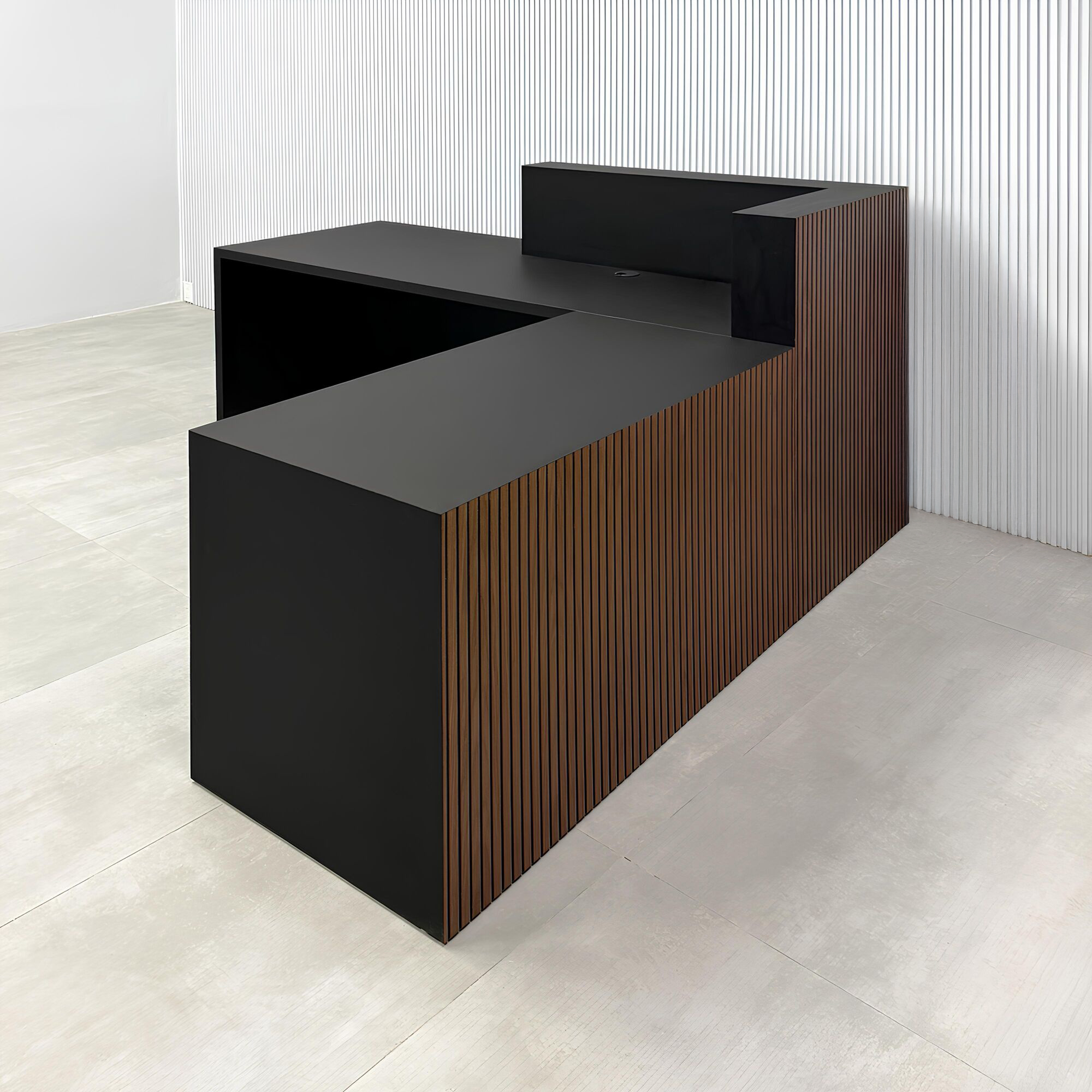 84-inch Atlanta Custom Reception Desk with walnut tambour with black background desk, black traceless laminate workspace, and black traceless laminate storage.