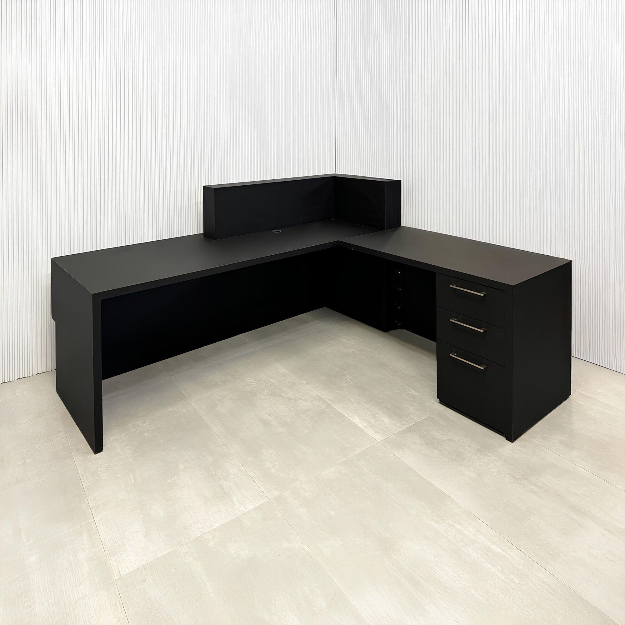 84-inch Atlanta Custom Reception Desk with walnut tambour with black background desk, black traceless laminate workspace, and black traceless laminate storage.
