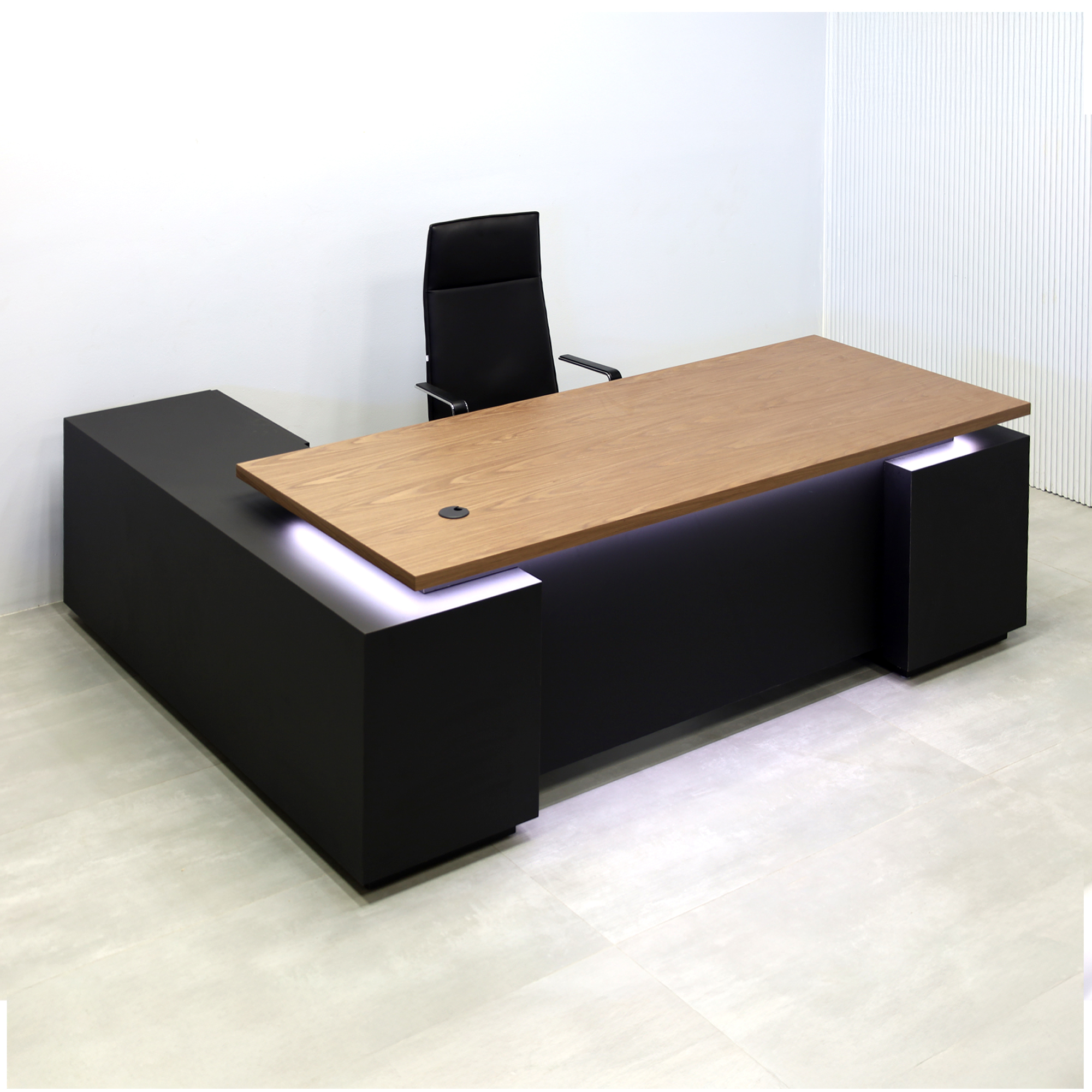 84-inch Napa Executive L-Shape Desk with walnut wood veneer top, black traceless laminate main body, and black traceless laminate toe-kick.