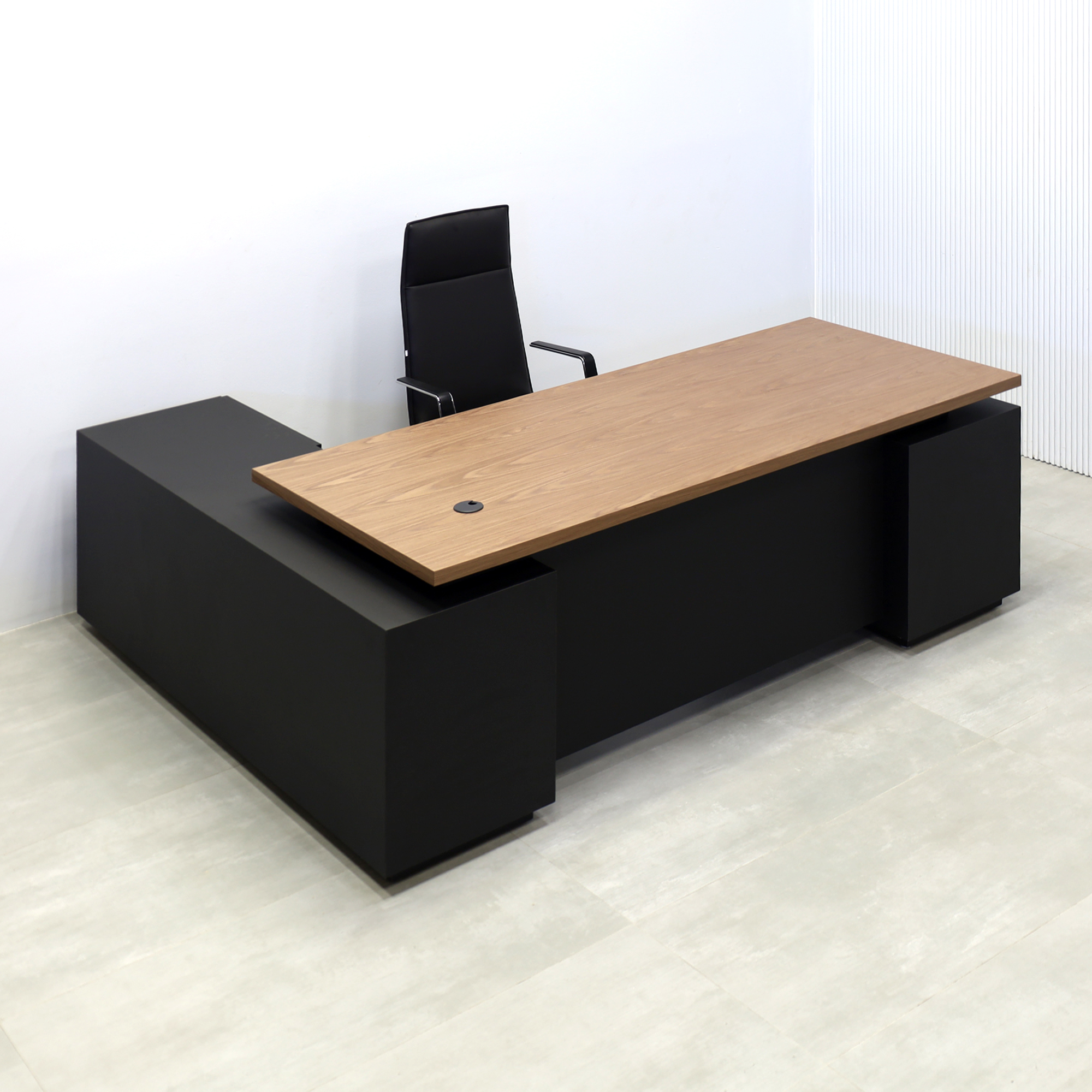 84-inch Napa Executive L-Shape Desk with walnut wood veneer top, black traceless laminate main body, and black traceless laminate toe-kick.