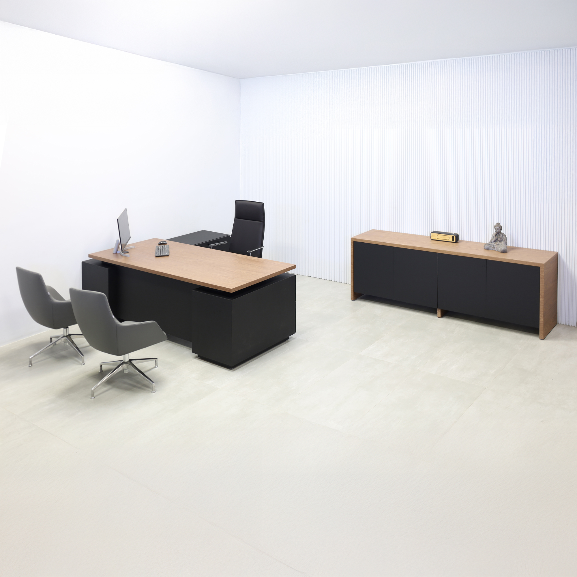 84-inch Napa Executive L-Shape Desk with walnut wood veneer top, black traceless laminate main body, and black traceless laminate toe-kick.