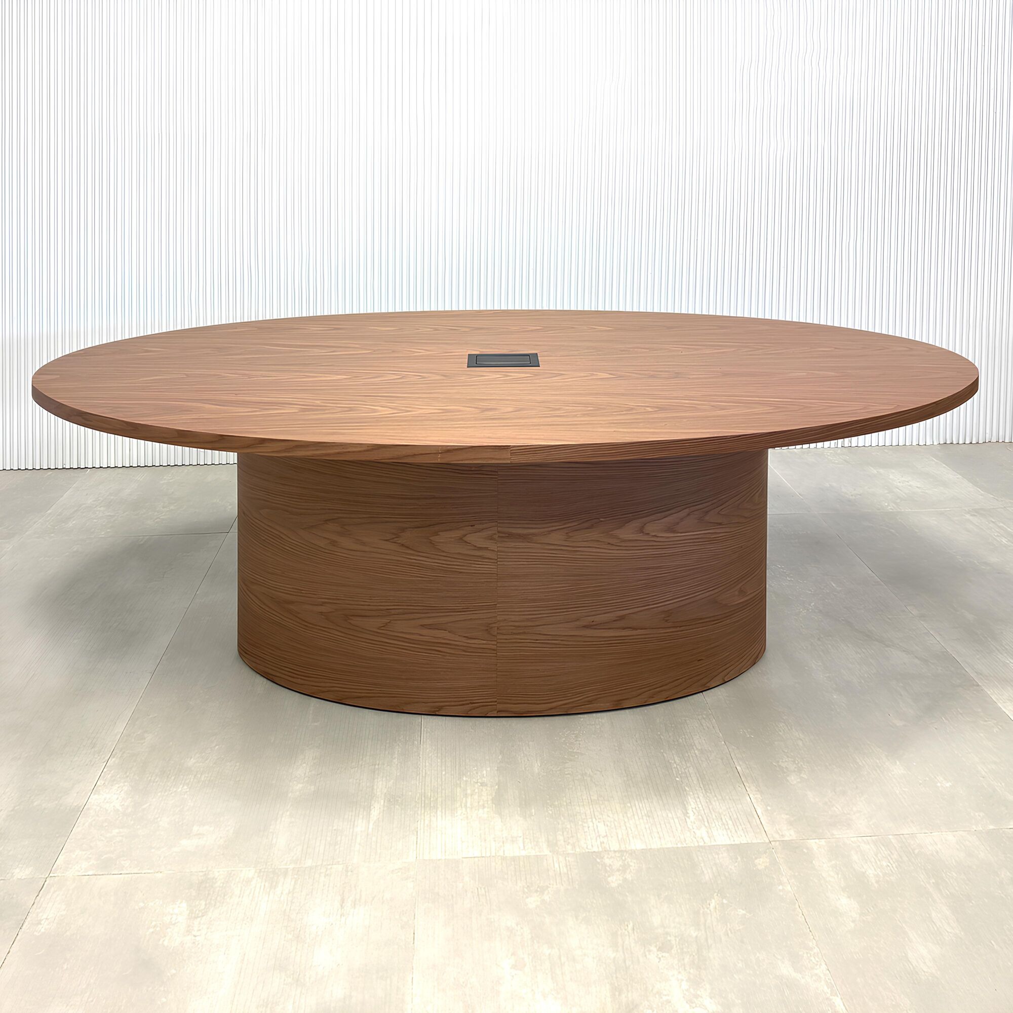 84-inch Newton Oval Conference Table with Laminate Top and walnut wood veneer top, walnut wood veneer base, MX2 power box in black.