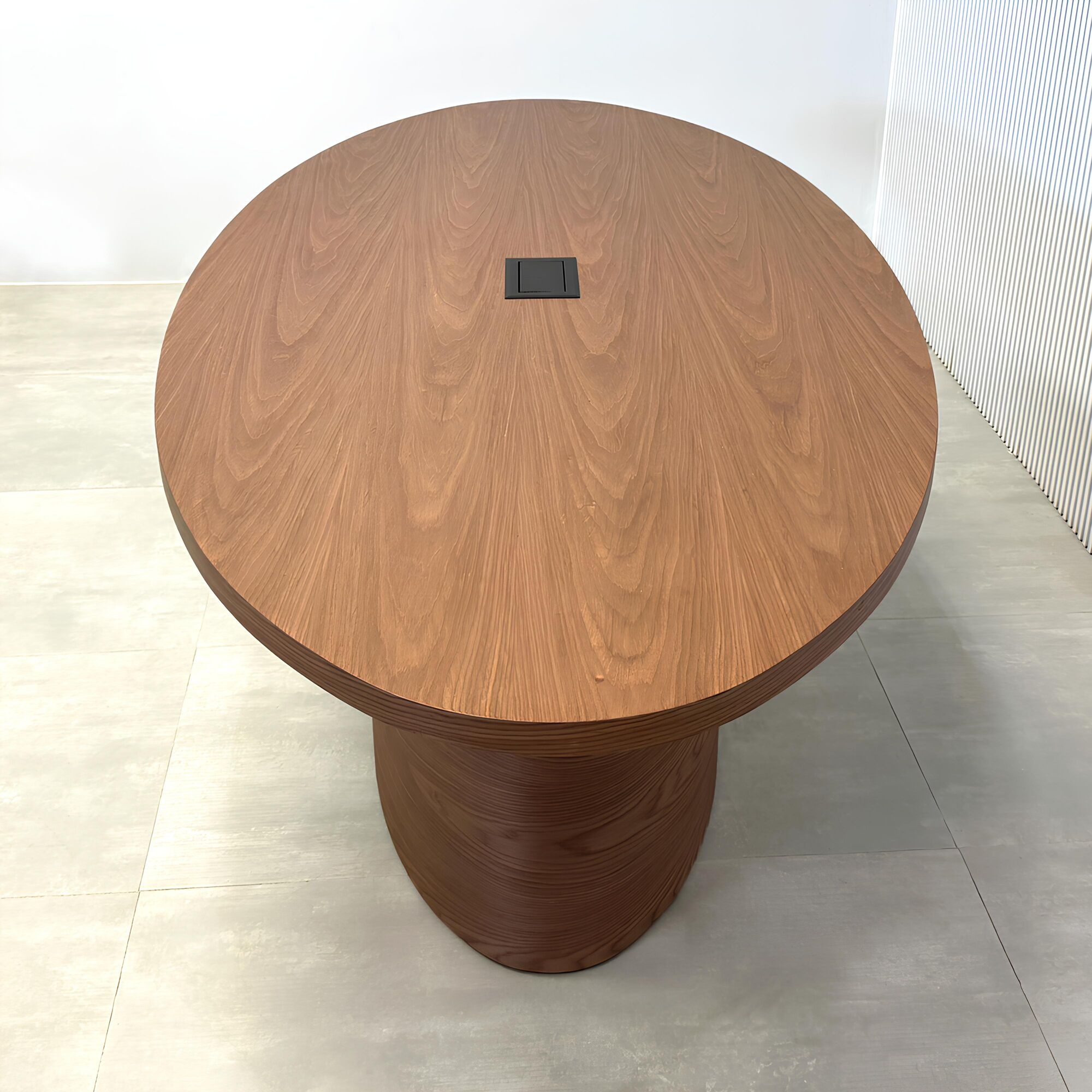 84-inch Newton Oval Conference Table with Laminate Top and walnut wood veneer top, walnut wood veneer base, MX2 power box in black.