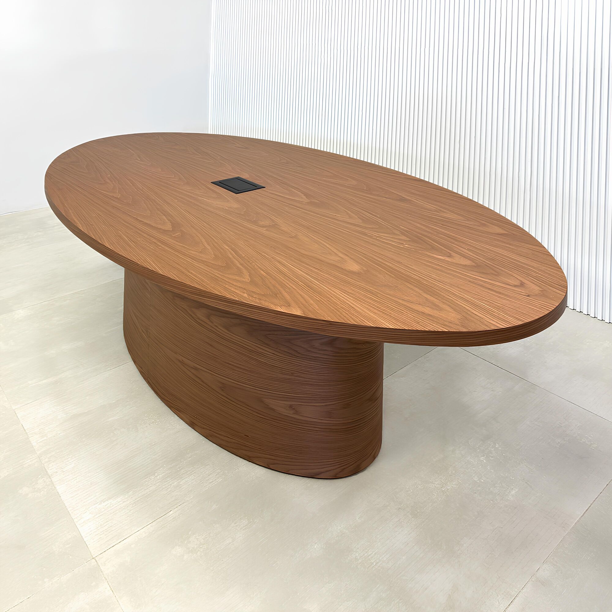 84-inch Newton Oval Conference Table with Laminate Top and walnut wood veneer top, walnut wood veneer base, MX2 power box in black.