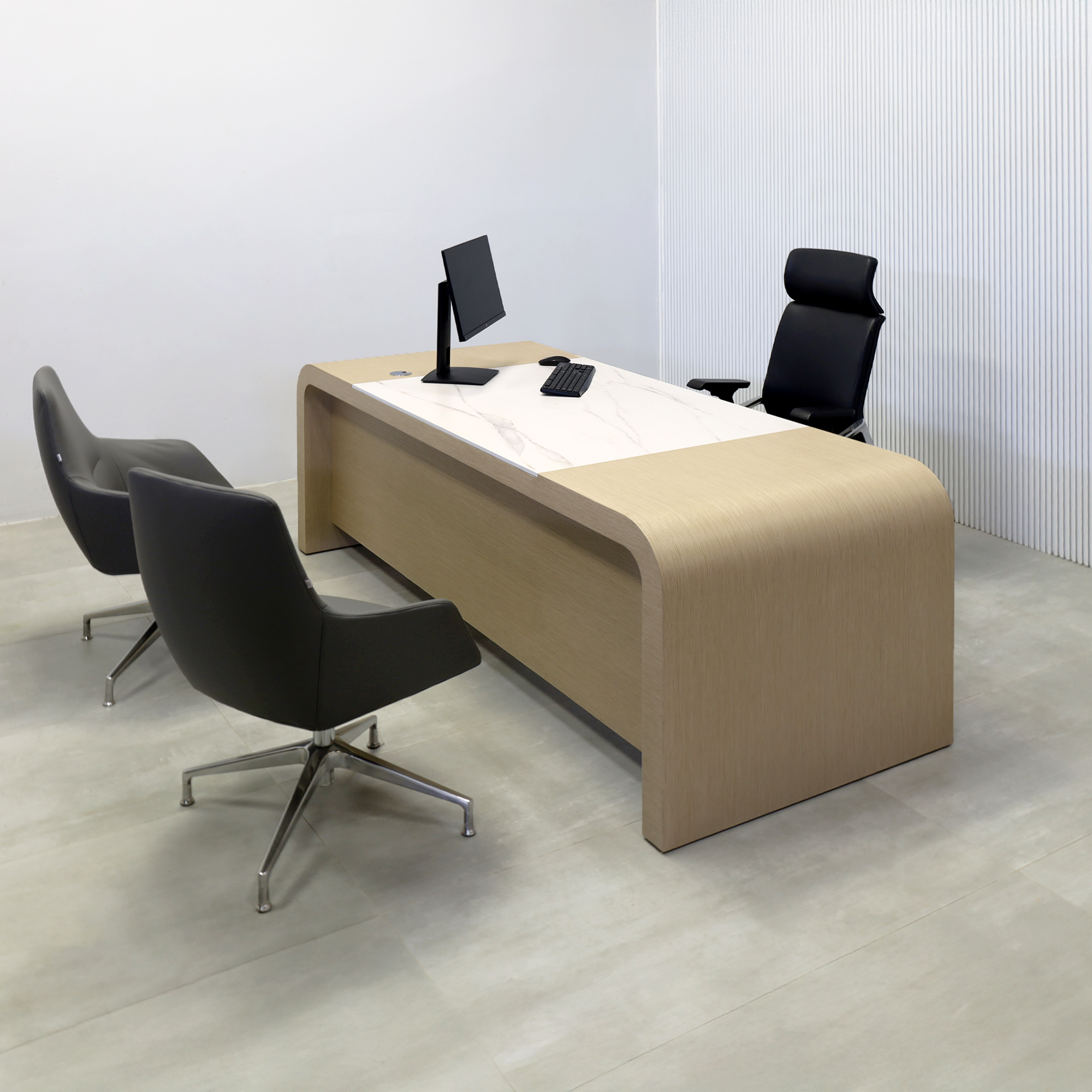 84-inch Milano Curved Executive Desk with Washed Oak Veneer main body, Solenne Marble Engineered Surface workspace top, and Washed Oak Veneer privacy panel.