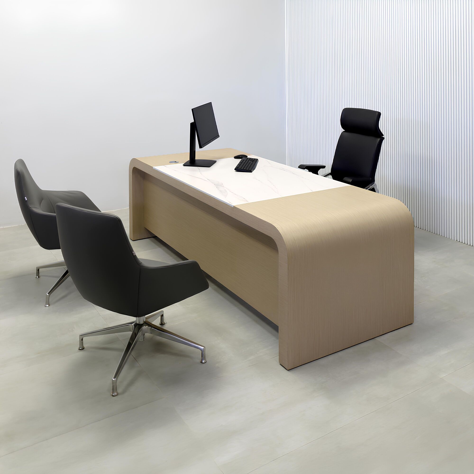 90-inch Milano Executive Desk with washed oak veneer main body and privacy panel, and solenne marble engineered surface top insert.