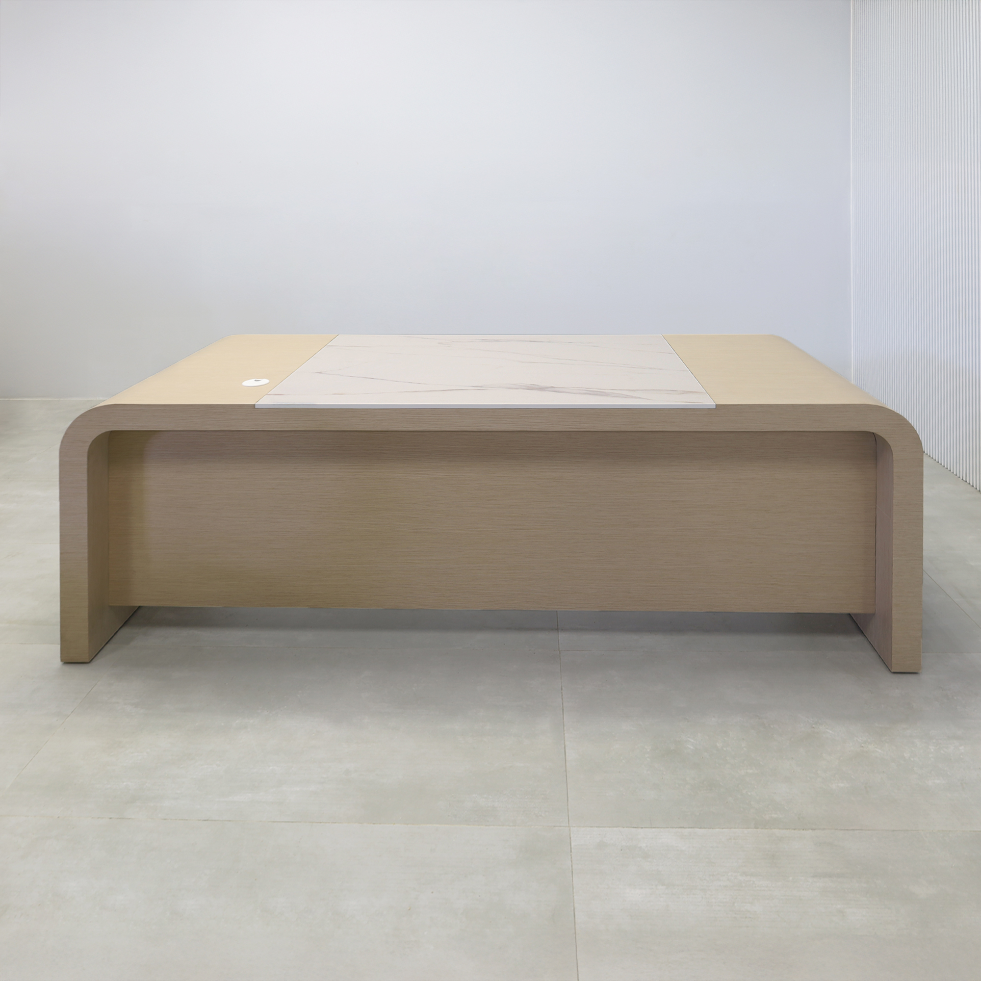 84-inch Milano Curved Executive Desk with Washed Oak Veneer main body, Solenne Marble Engineered Surface workspace top, and Washed Oak Veneer privacy panel.
