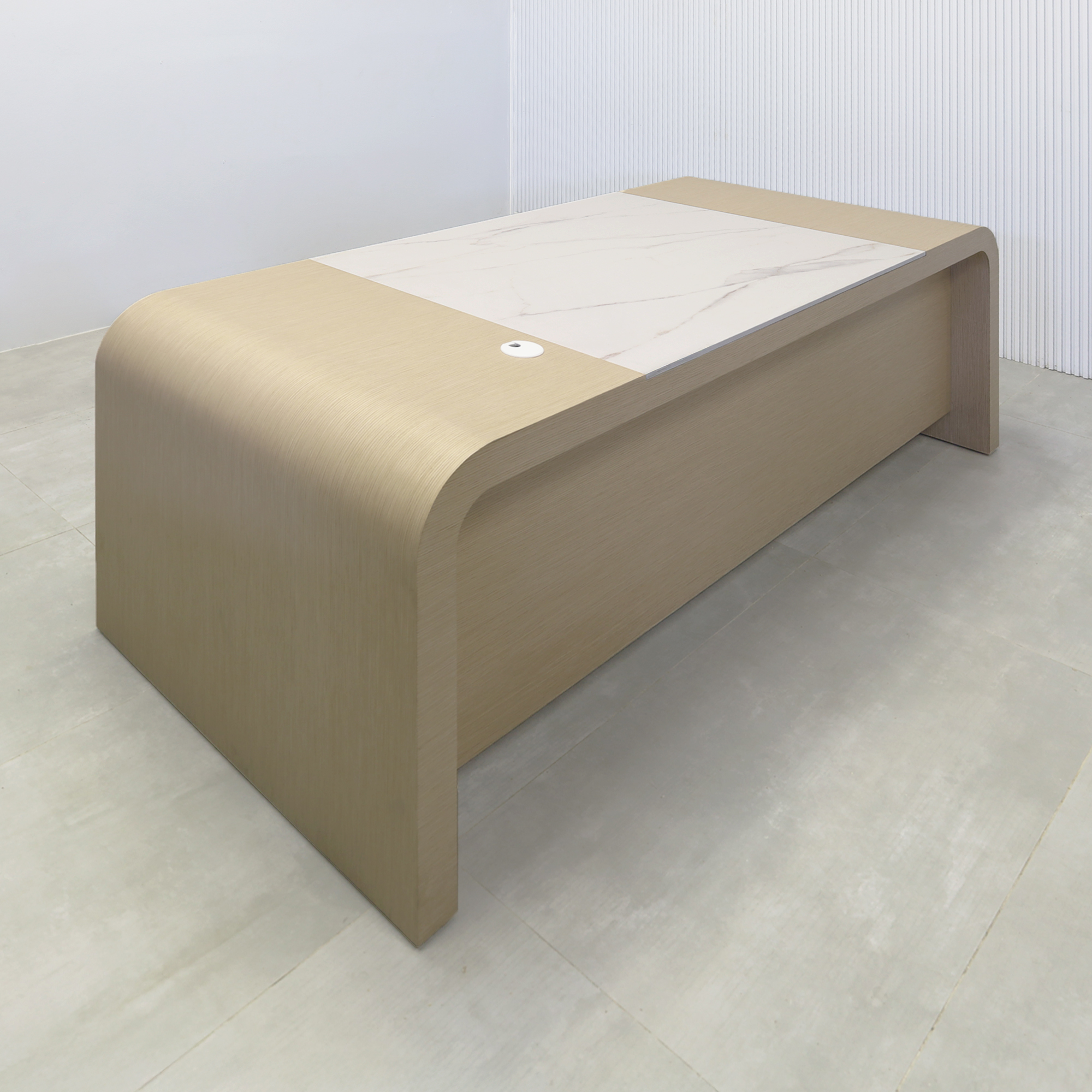 84-inch Milano Curved Executive Desk with Washed Oak Veneer main body, Solenne Marble Engineered Surface workspace top, and Washed Oak Veneer privacy panel.