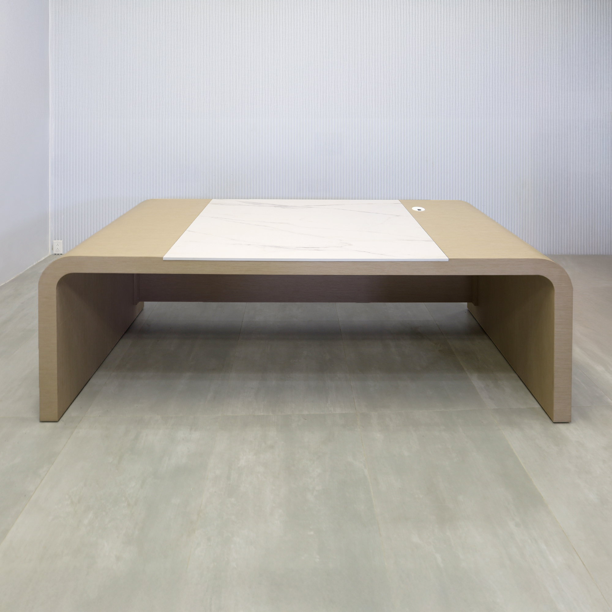 84-inch Milano Curved Executive Desk with Washed Oak Veneer main body, Solenne Marble Engineered Surface workspace top, and Washed Oak Veneer privacy panel.