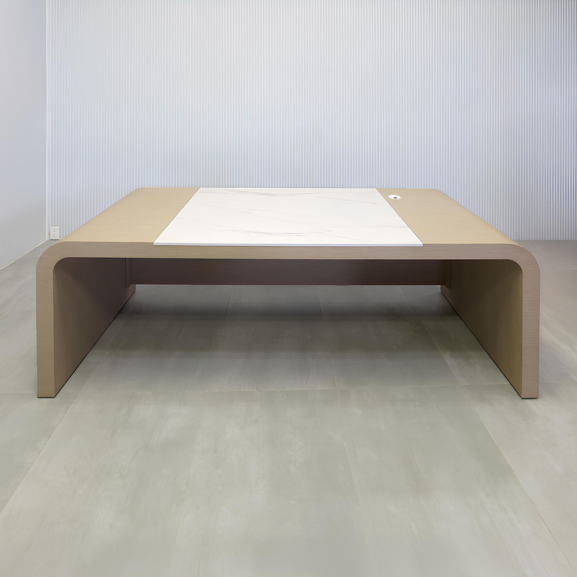 90-inch Milano Executive Desk with washed oak veneer main body and privacy panel, and solenne marble engineered surface top insert.