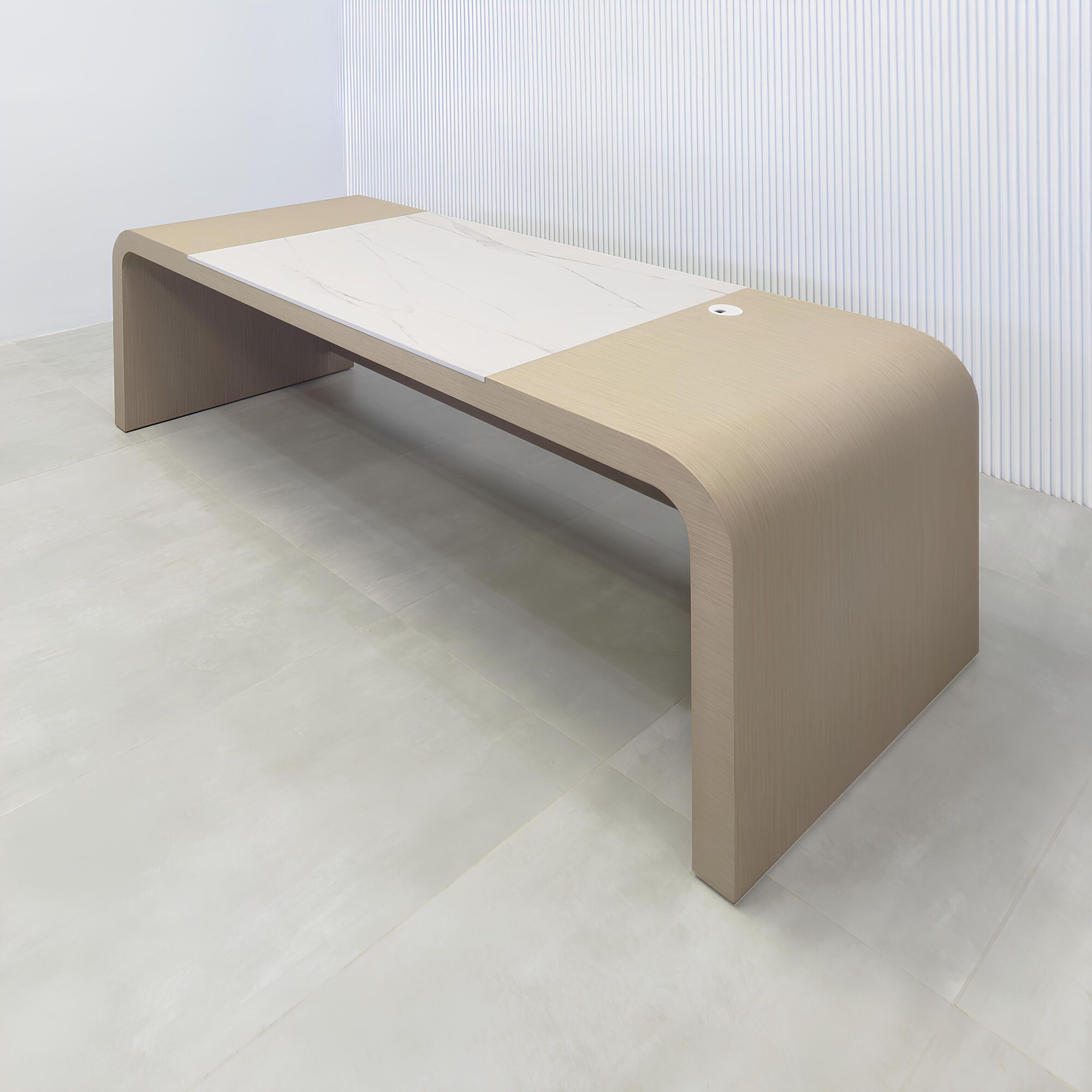 90-inch Milano Executive Desk with washed oak veneer main body and privacy panel, and solenne marble engineered surface top insert.