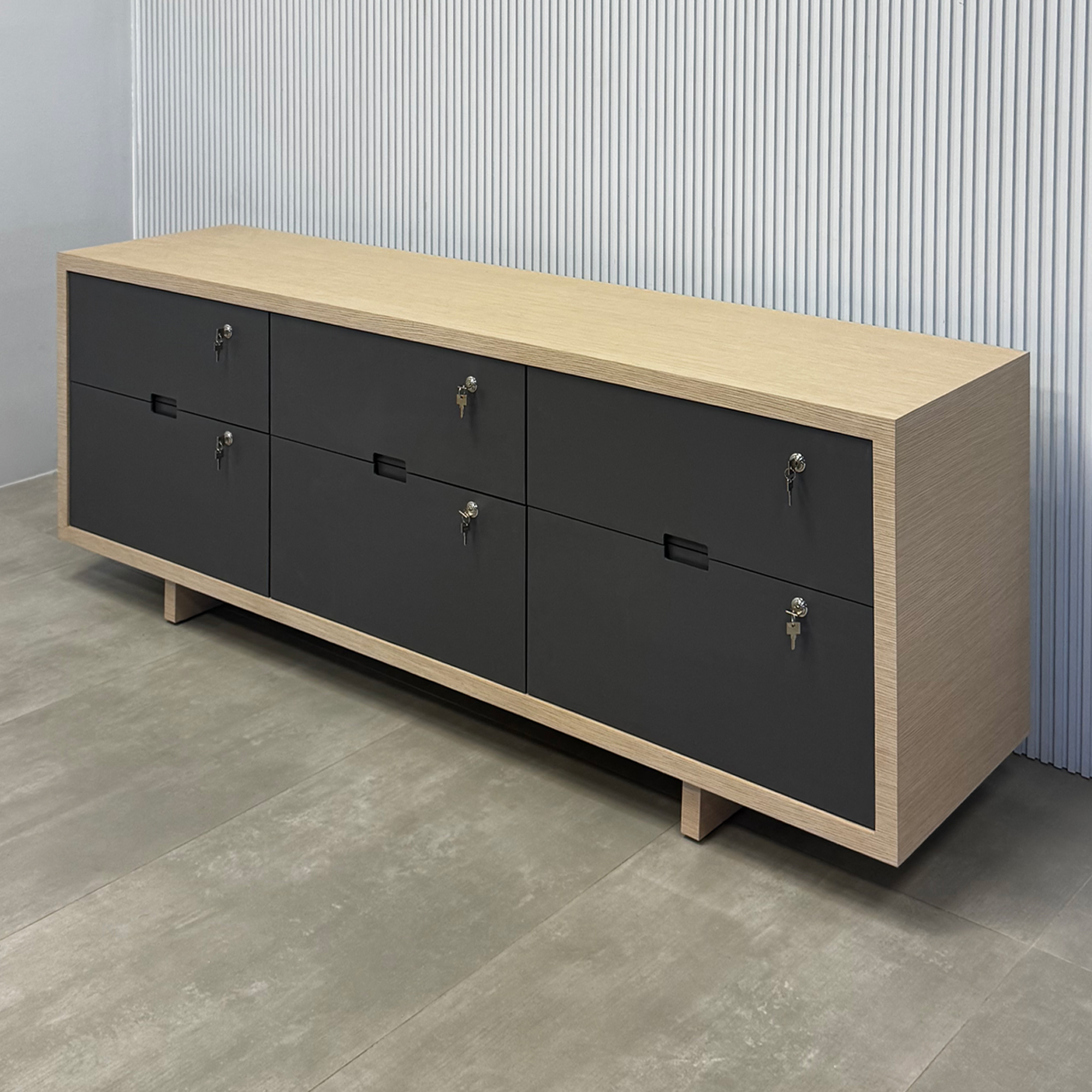 84-inch Seattle Storage Credenza with Washed Oak wood veneer credenza and Storm Gray Matte laminate front drawers.