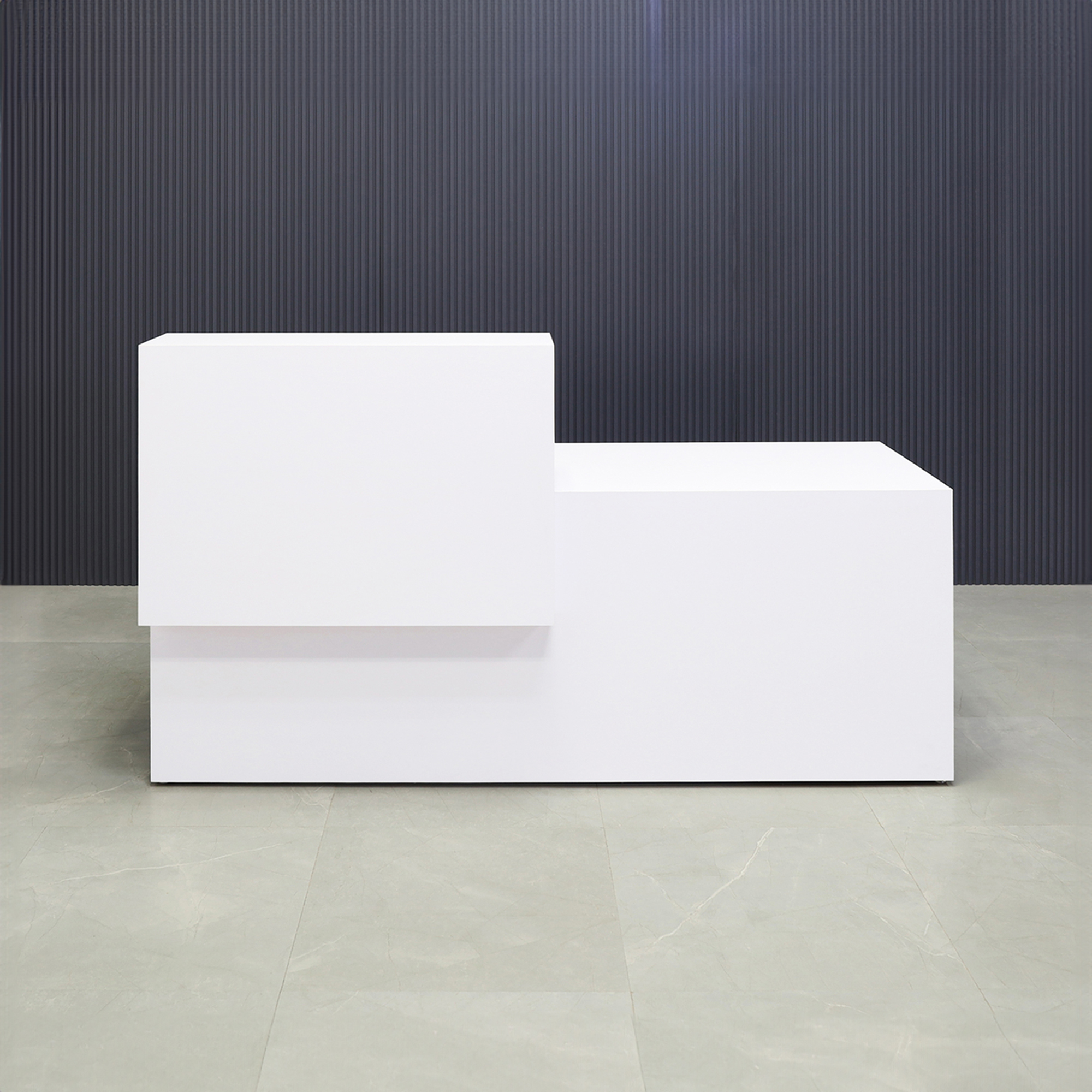 84-inch Los Angeles Reception Desk, left side counter when facing front, in white gloss laminate counter and desk, shown here.