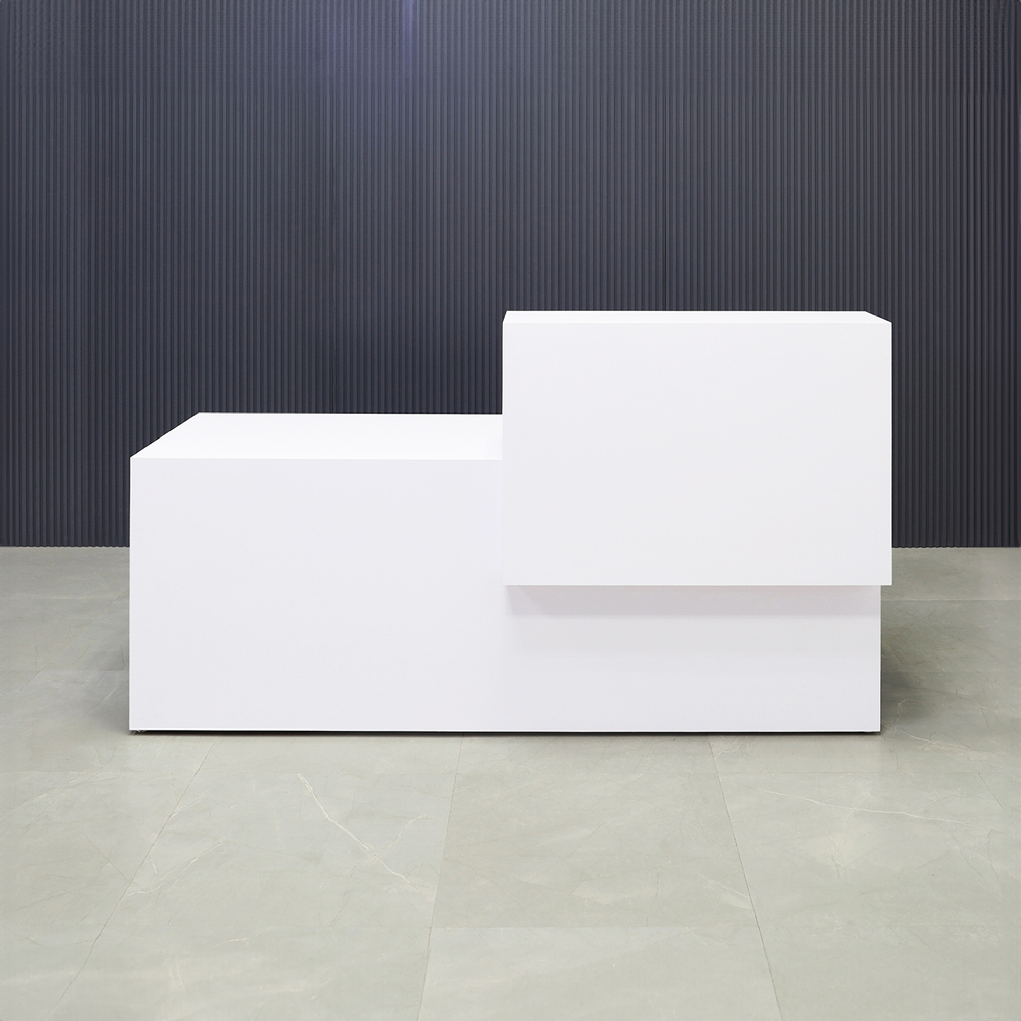 84-inch Los Angeles Reception Desk, right side counter when facing front, in white gloss laminate counter and desk, shown here.
