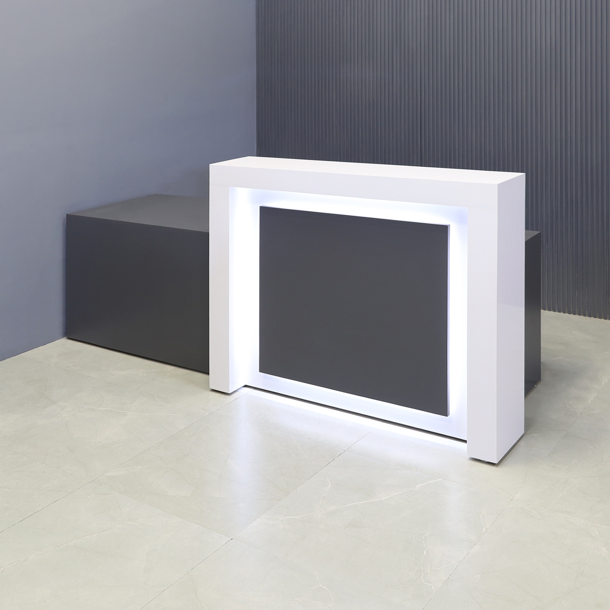 84-inch New York ADA Compliant Custom Reception Desk with White Gloss laminate counter, Storm Gray matte laminate desk & panel, and white LED.