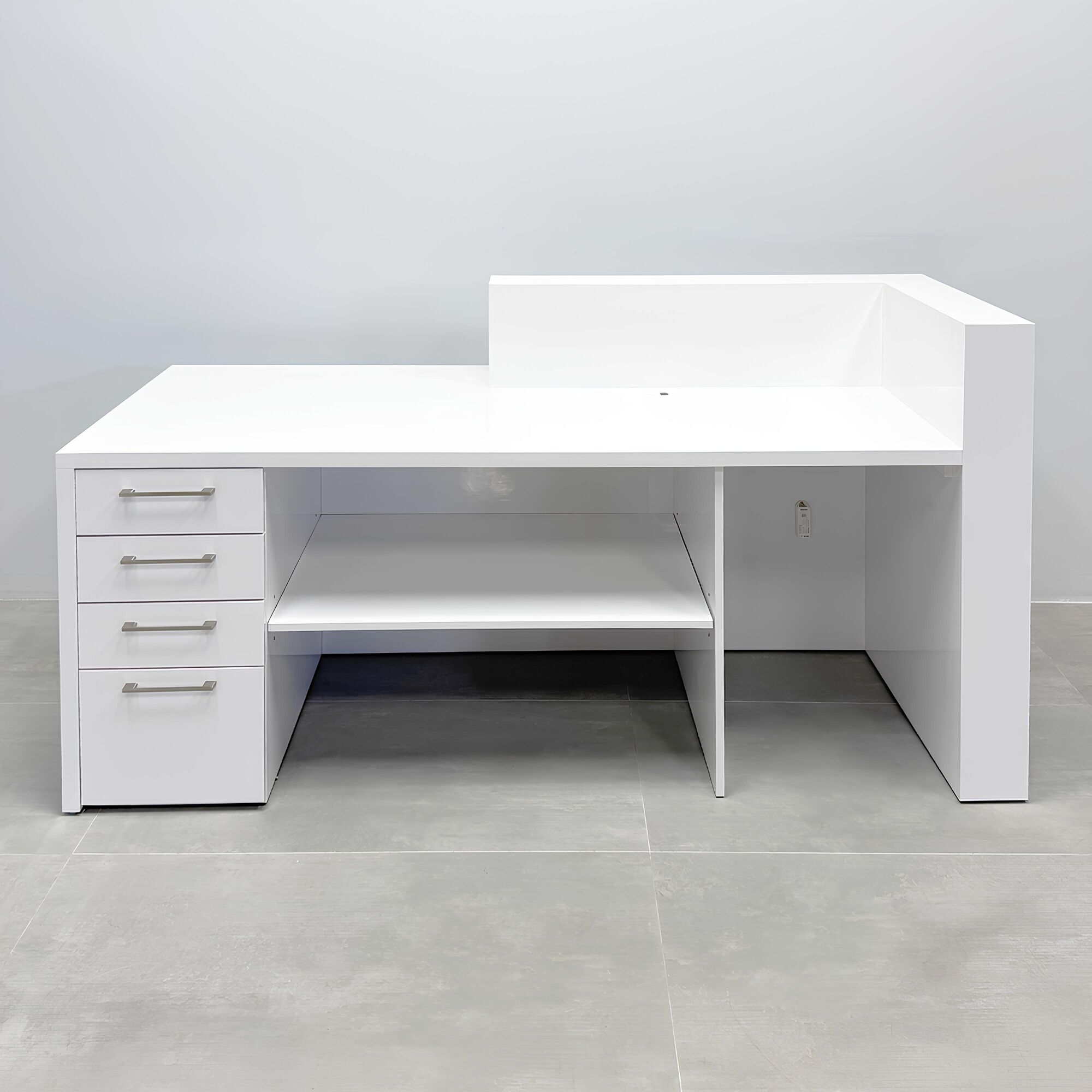 72-inch Atlanta Reception Desk with white gloss laminate countertop, base, workspace and front accent.