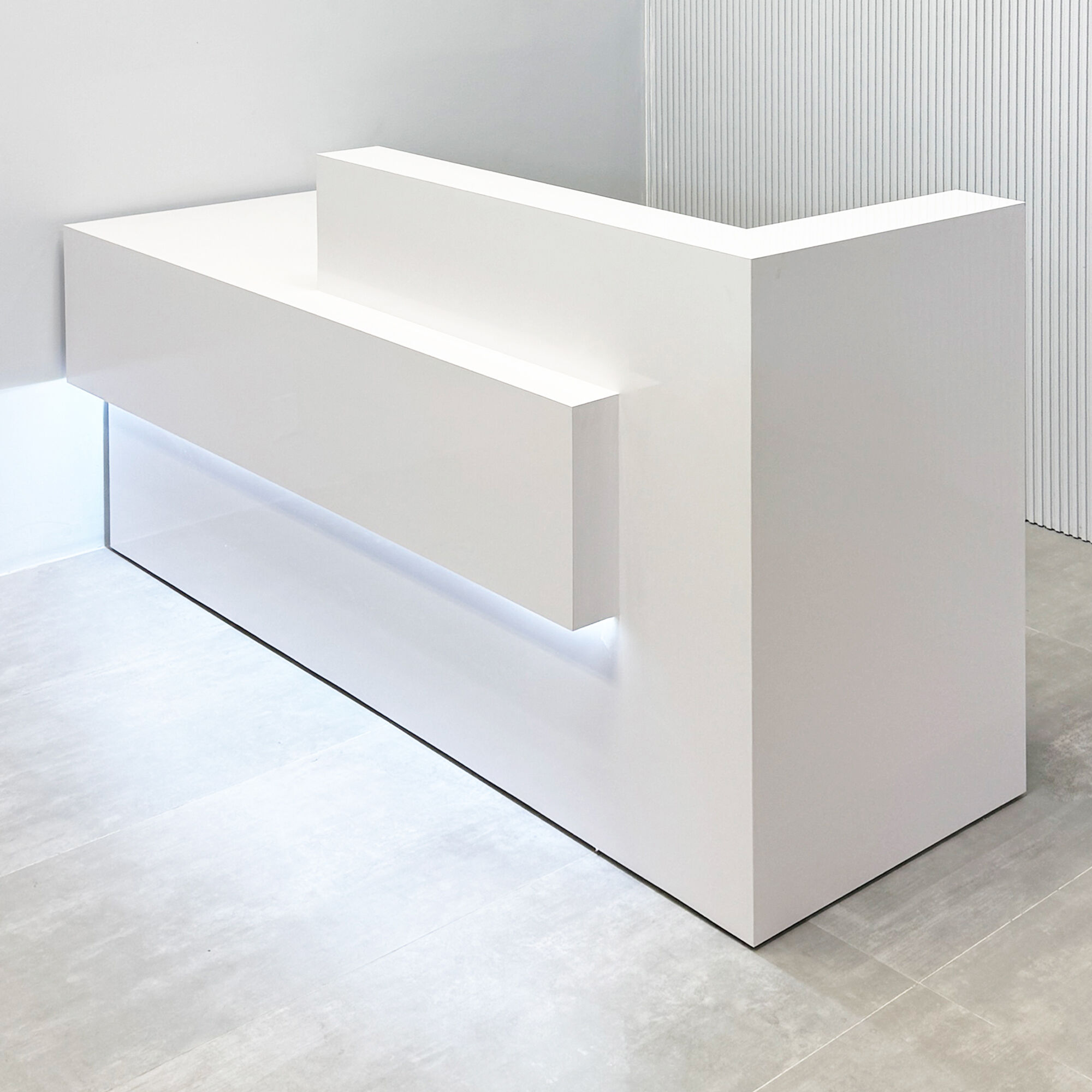 84-inch Atlanta Reception Desk with white gloss laminate countertop, base, workspace and front accent.