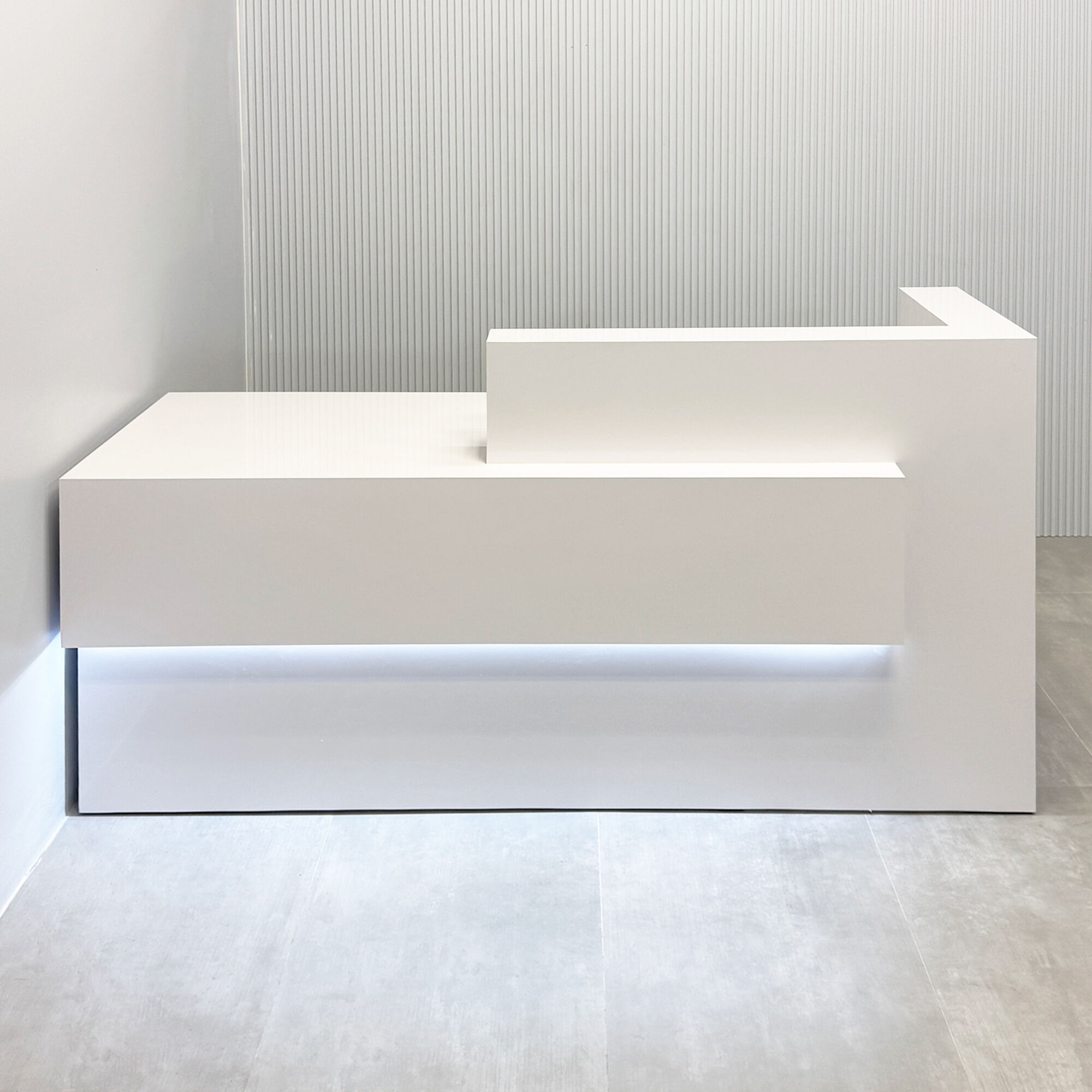 84-inch Atlanta Reception Desk with white gloss laminate countertop, base, workspace and front accent.