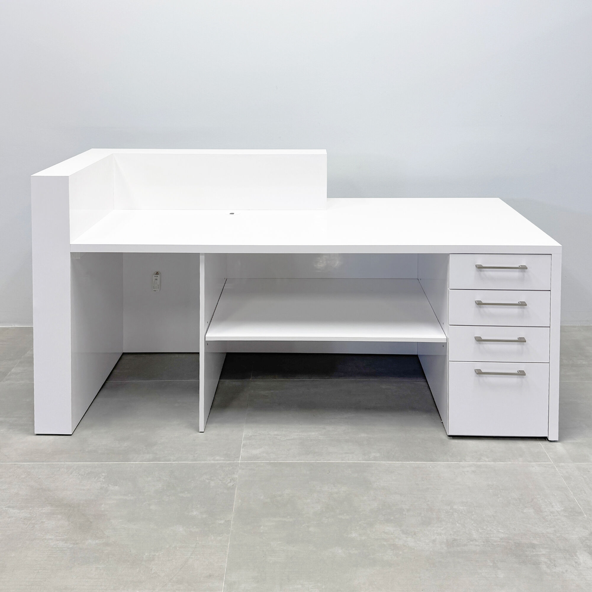 84-inch Atlanta Reception Desk with white gloss laminate countertop, base, workspace and front accent.