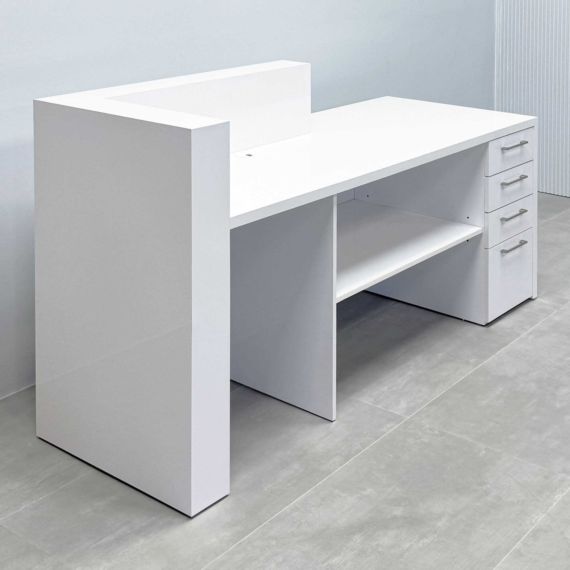 84-inch Atlanta Reception Desk with white gloss laminate countertop, base, workspace and front accent.