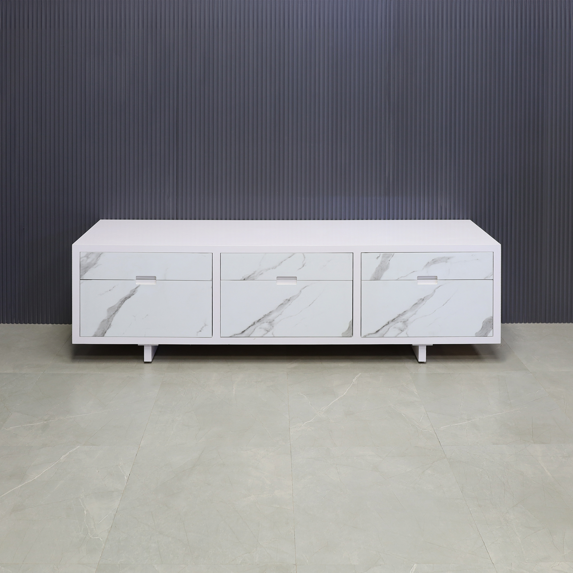 84 inches Seattle Storage Credenza in white gloss laminate finish credenza and calcutta stone pvc finish front drawers shown here.