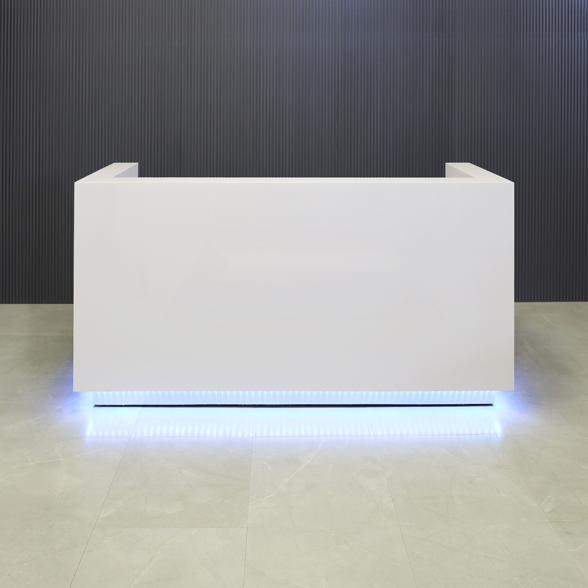 84-inch Dallas U-Shape Reception Desk in white gloss laminate main desk and brushed aluminum toe-kick, with color LED, shown here.