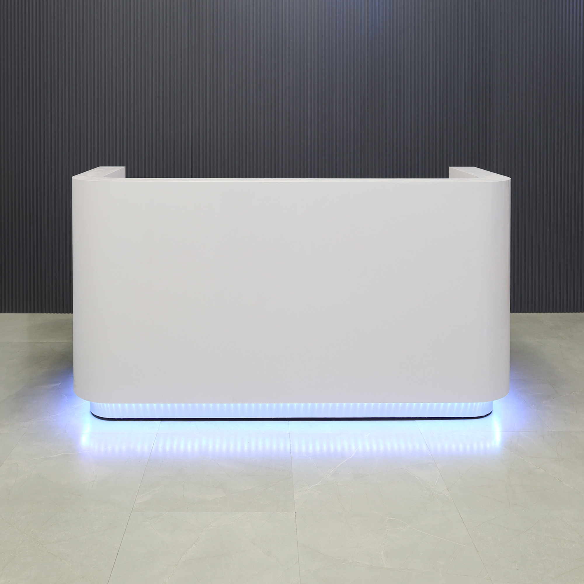 84-inch Nola Custom Reception Desk in white gloss laminate main desk and brushed aluminum toe-kick, with color LED, shown here.