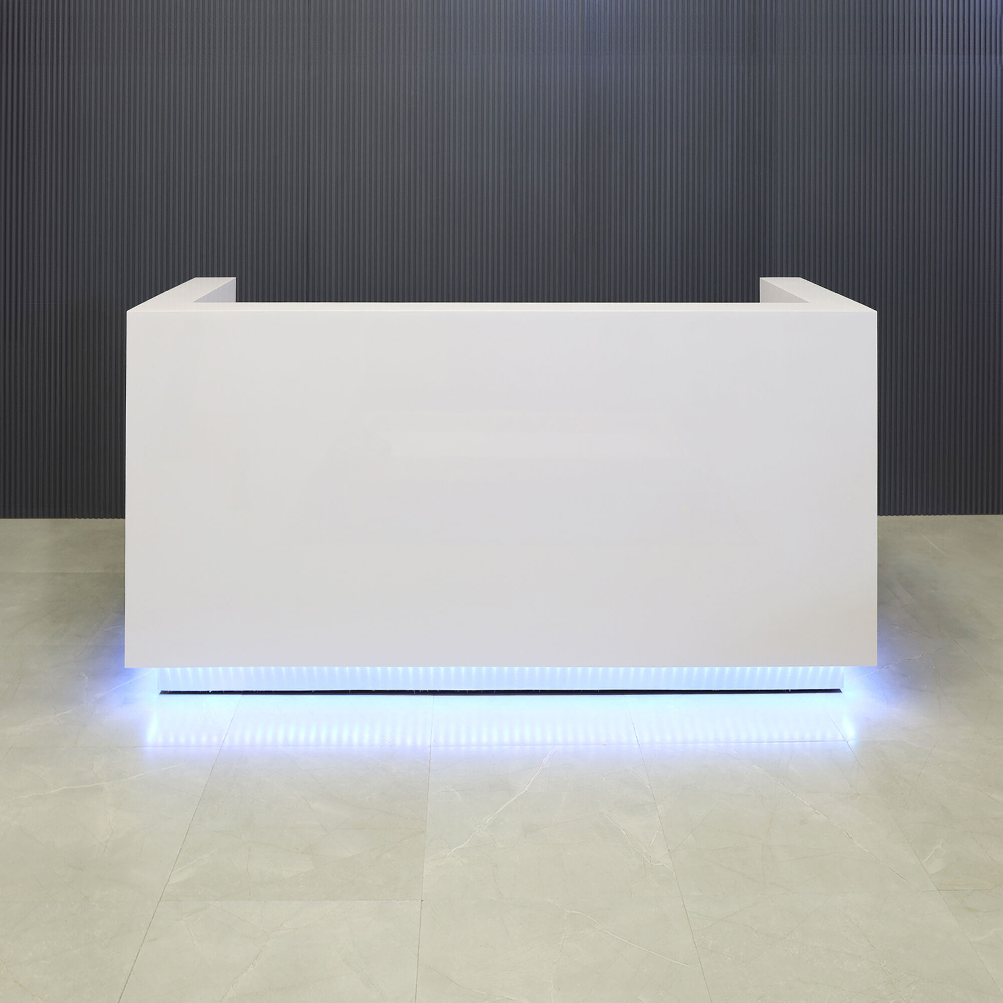 84-inch Dallas U-Shape Custom Reception Desk in white gloss laminate main desk, brushed aluminum toe-kick, and color changing LED.