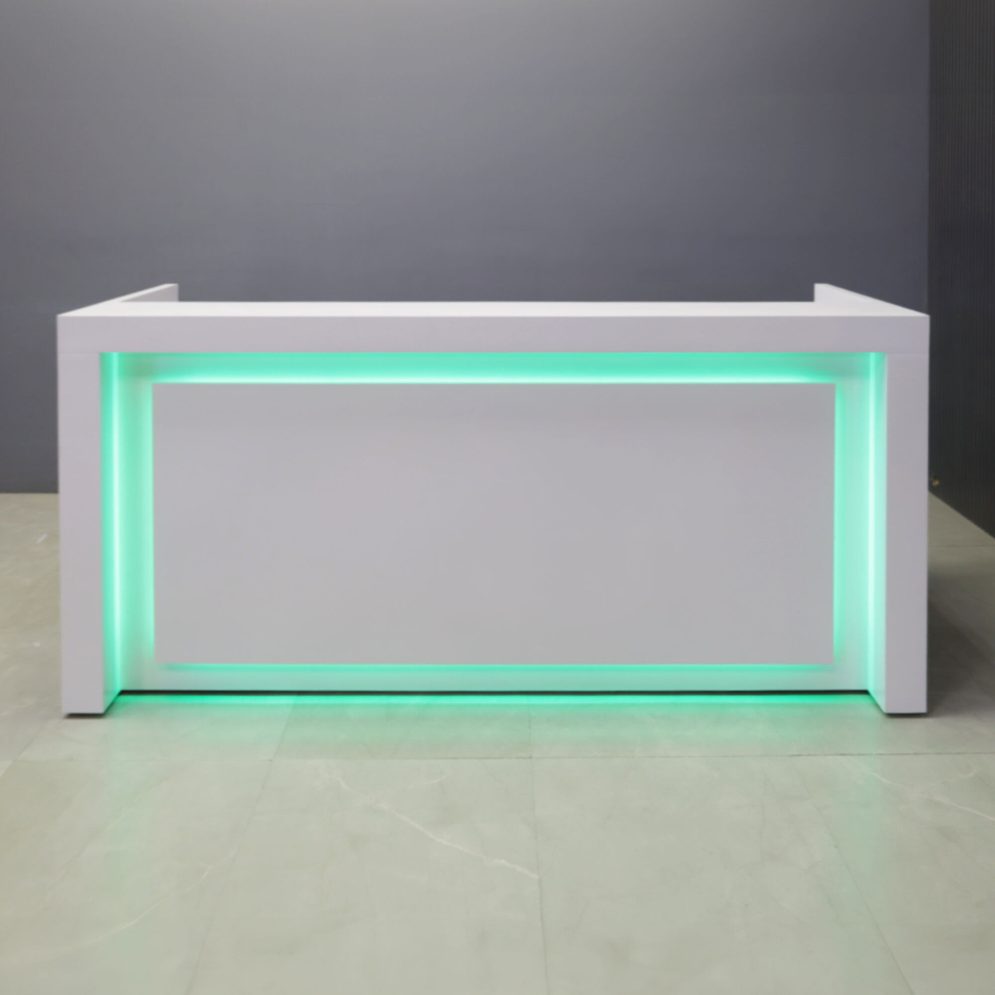 84-inch New York U-Shape Custom Reception Desk in white gloss laminate main desk and accent recess, with color LED, shown here.