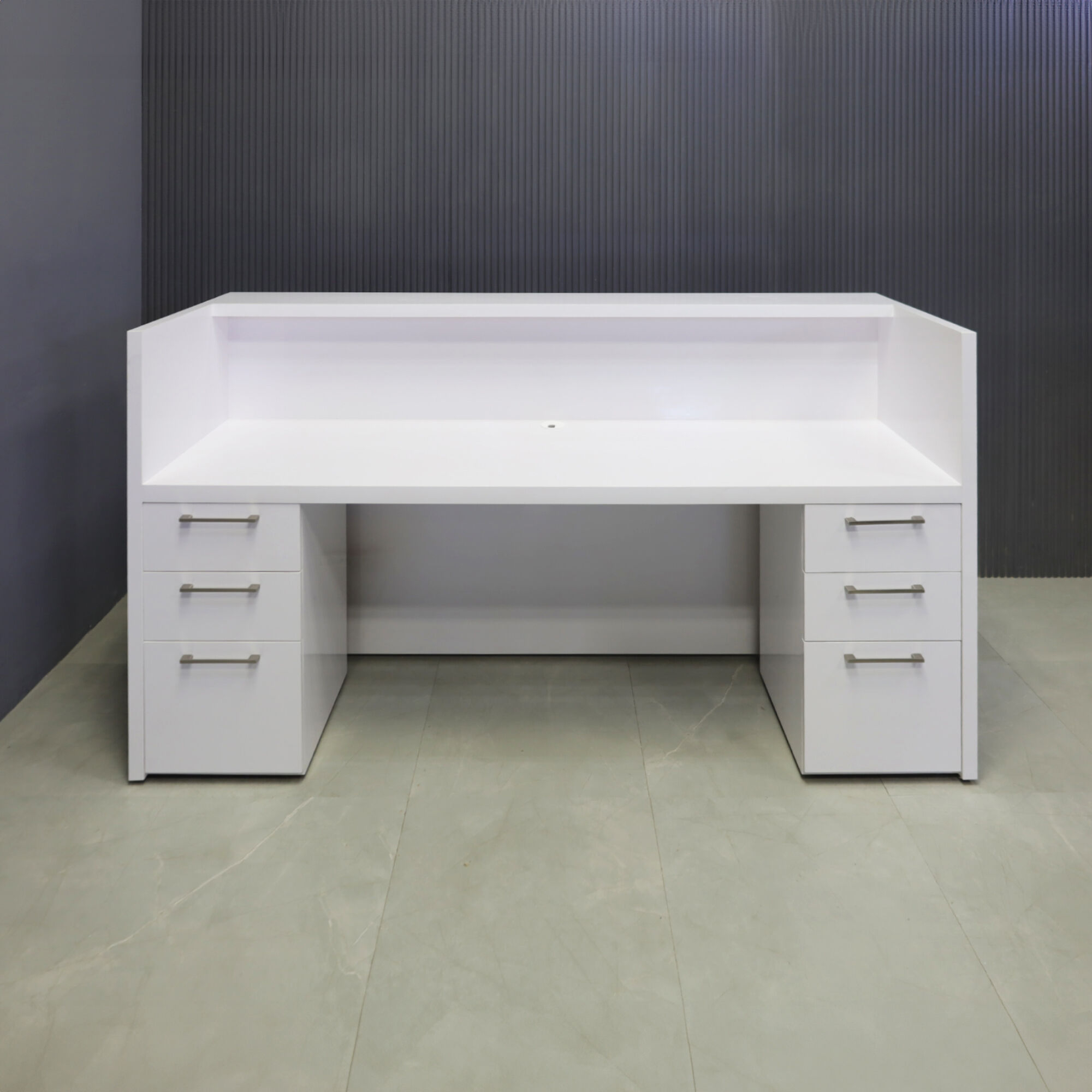 84-inch New York U-Shape Custom Reception Desk in white gloss laminate main desk and accent recess, with color LED, shown here.