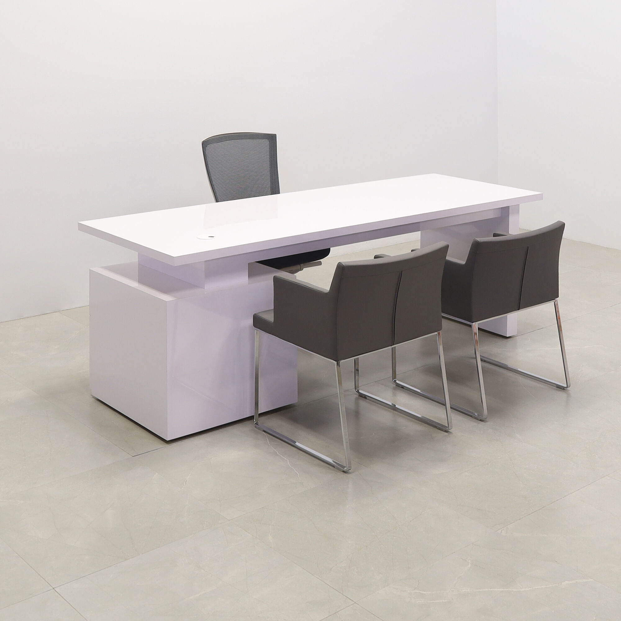 84-inch Avenue Straight Executive Desk in white gloss laminate, base & storage on the right side when sitting.