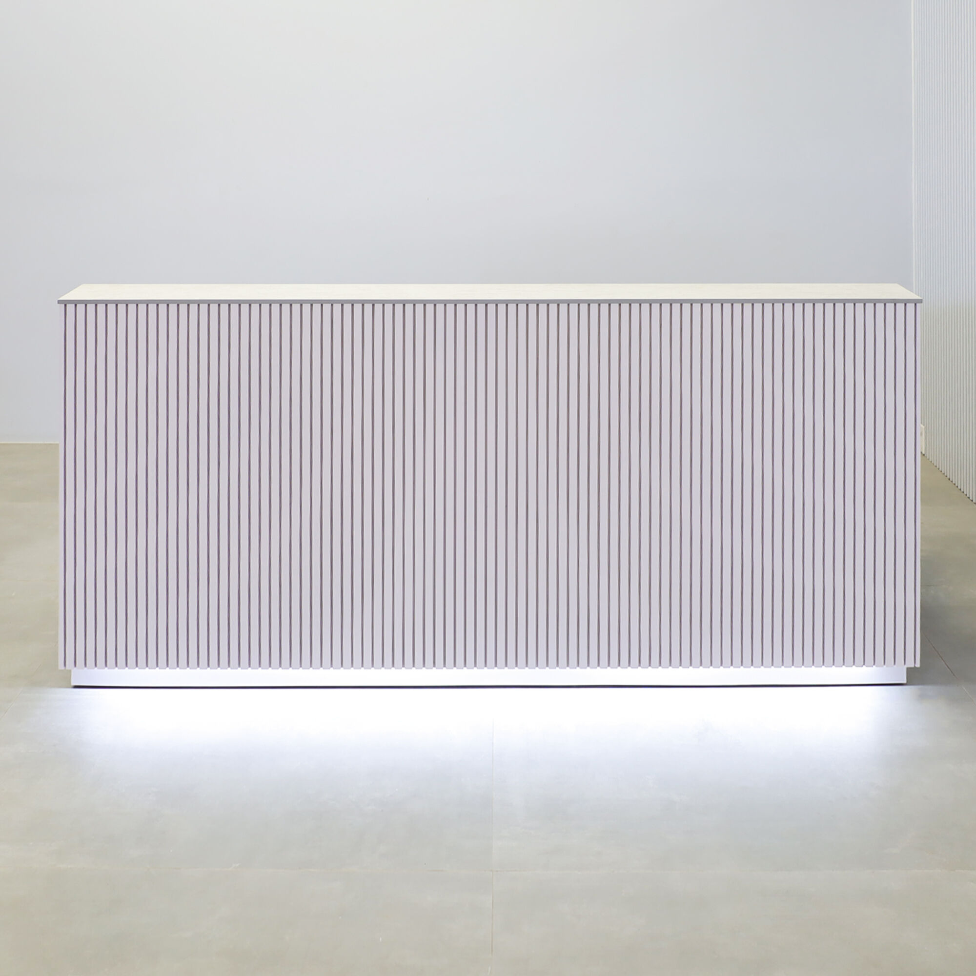 84-inch Dallas Straight Reception Desk in white gloss tambour front, white gloss laminate workspace, and Toe-Kick, White LED.