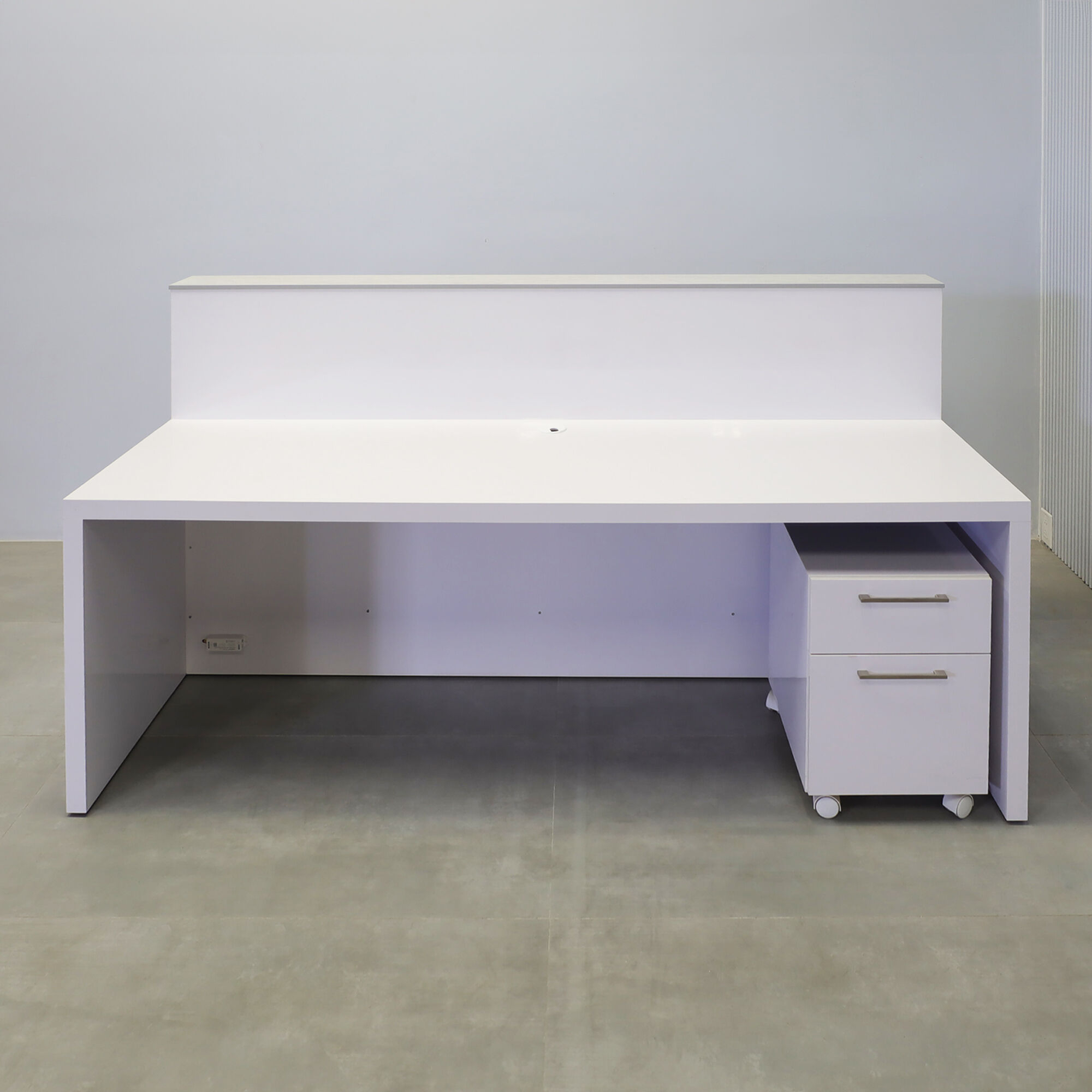 84-inch Dallas Straight Reception Desk in white gloss tambour front, white gloss laminate workspace, and Toe-Kick, White LED.