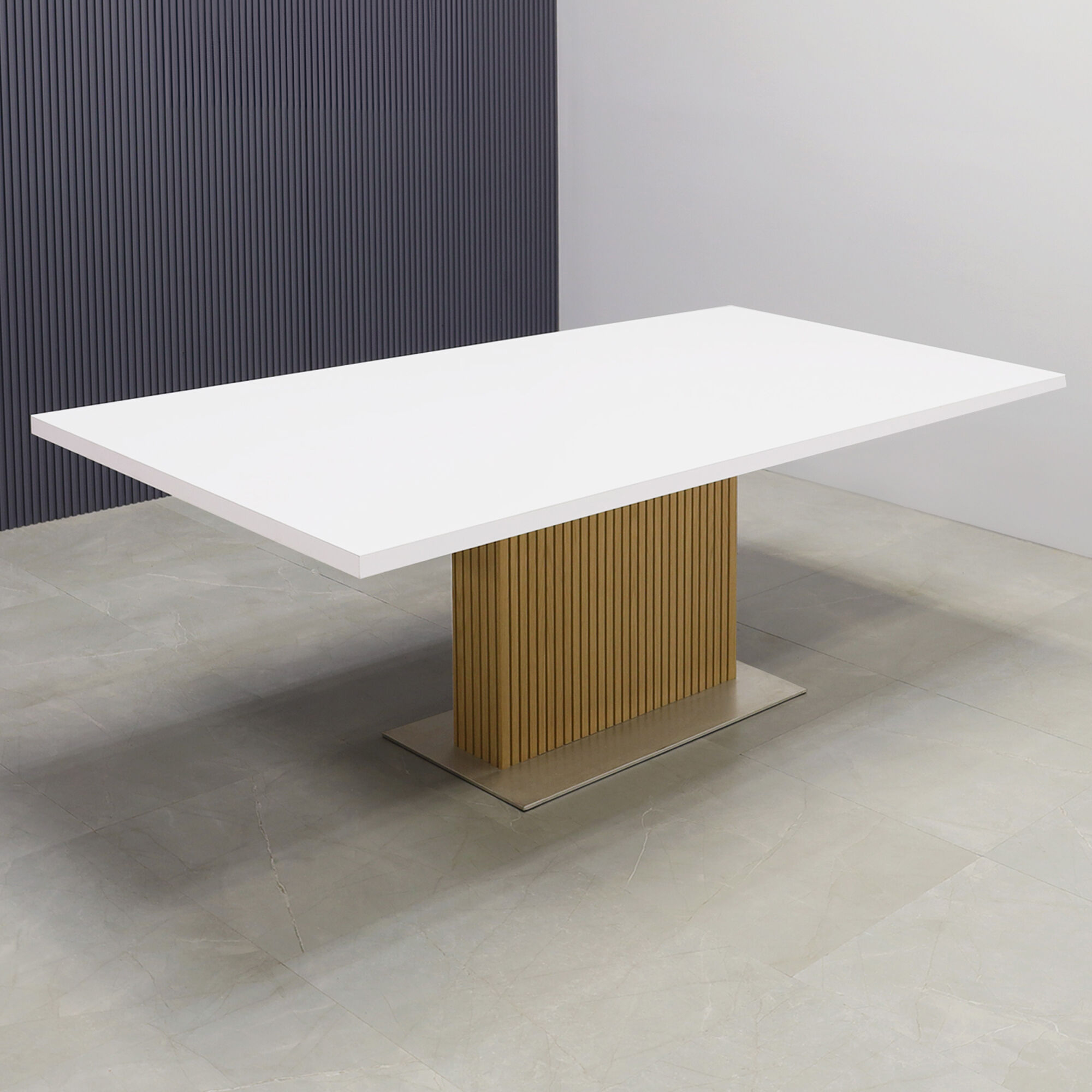 72-inch Newton Rectangular Conference Table with white matte laminate top, white oak & natural background tambour pedestal, and silver stainless steel California X3 base.