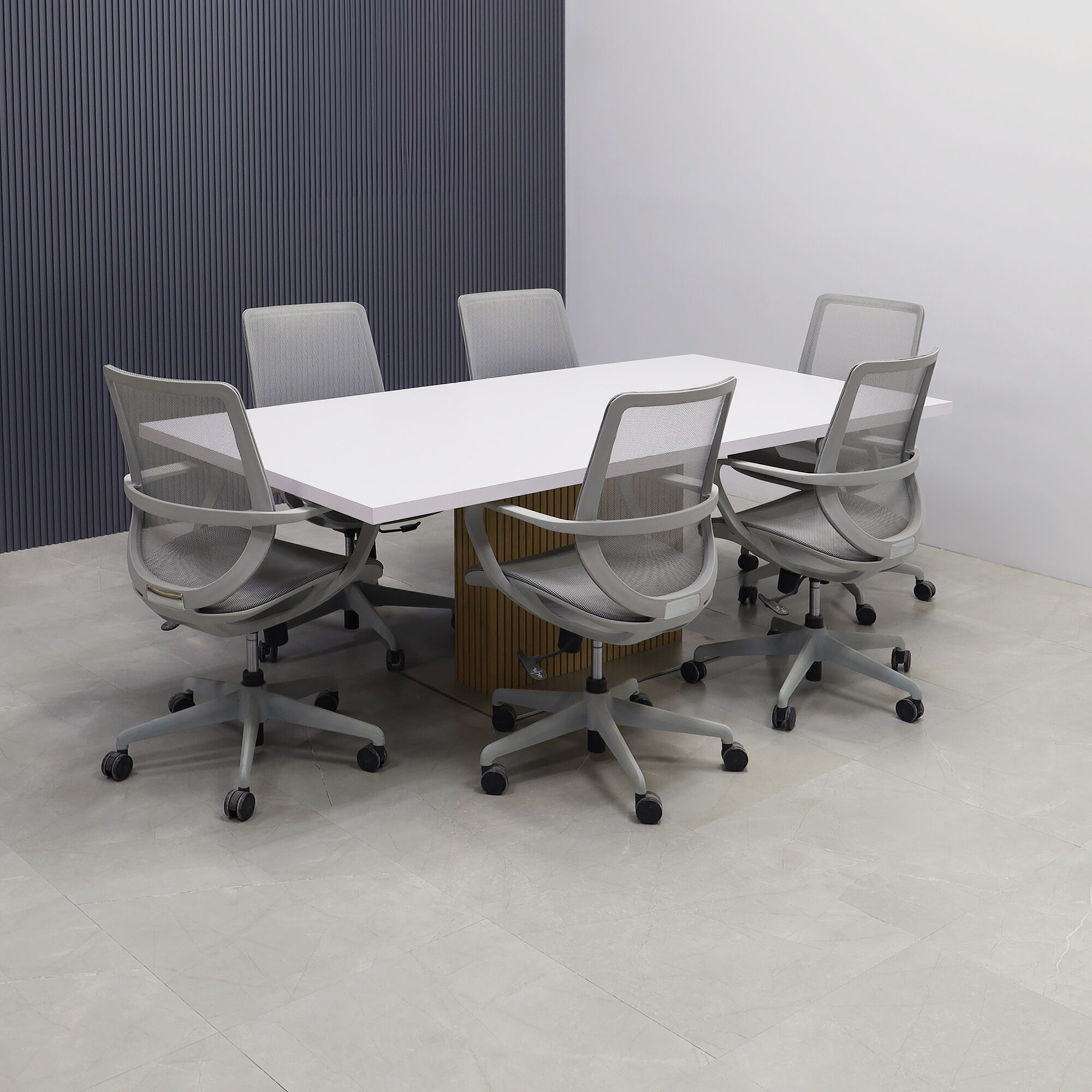 72-inch Newton Rectangular Conference Table with white matte laminate top, white oak & natural background tambour pedestal, and silver stainless steel California X3 base.