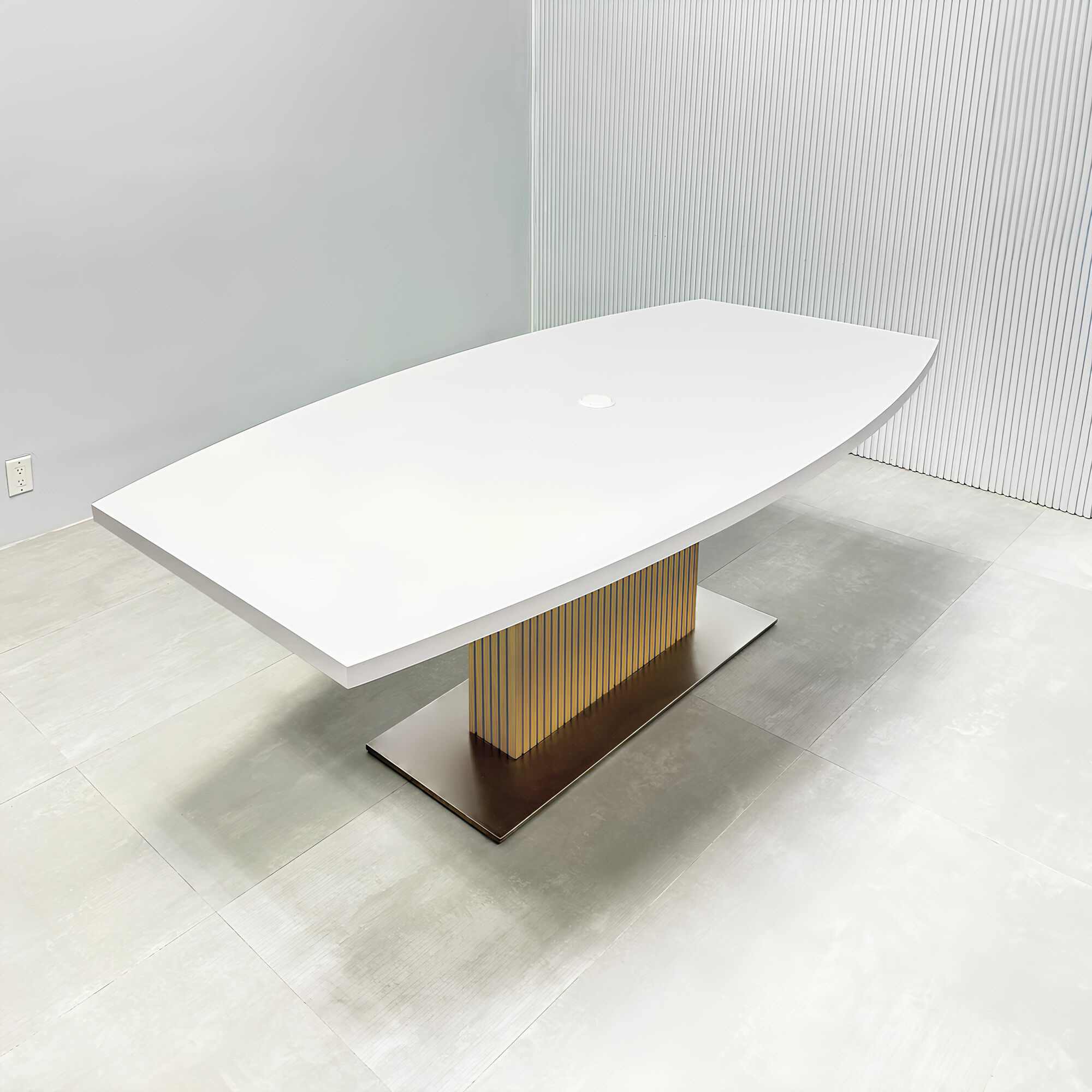 84-inches Newton Boat Conference Table with white matte laminate top, white oak tambour column base, brushed stainless steel base, and white Mx1 power box.